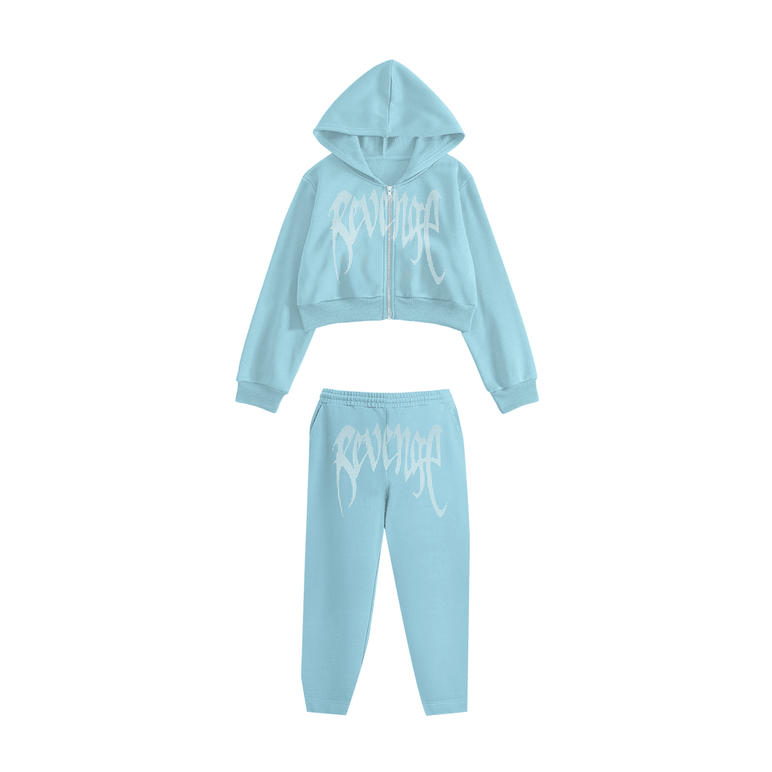 Rhinestone "Revenge" Crop Hoodie Takım | Sugar Blue