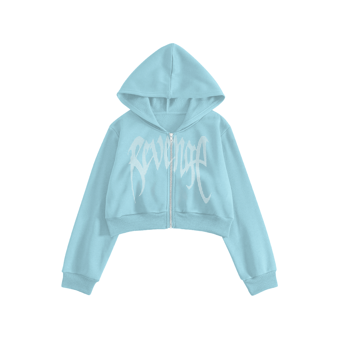 Rhinestone "Revenge" Crop Hoodie Takım | Sugar Blue
