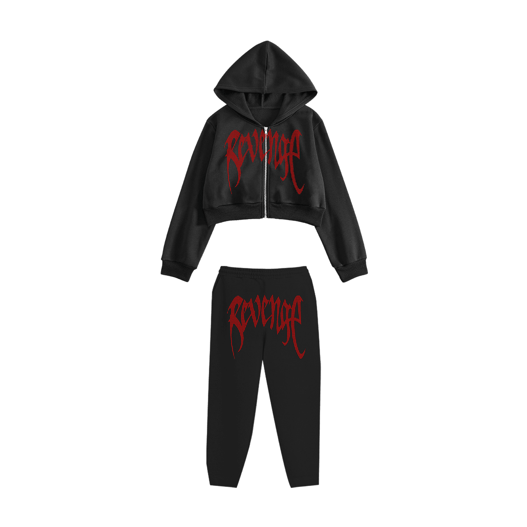 Rhinestone "Revenge" Crop Hoodie Takım | Black Red