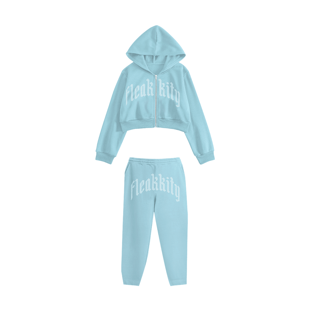 Rhinestone "Fleakkity" Crop Hoodie Takım | Sugar Blue