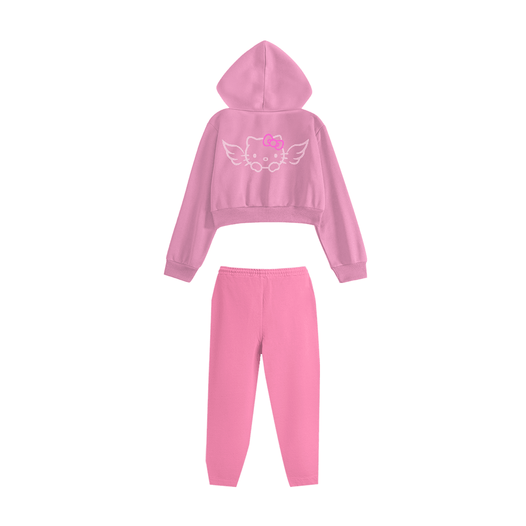 Rhinestone "Fleakkity" Crop Hoodie Takım | Sugar Pink
