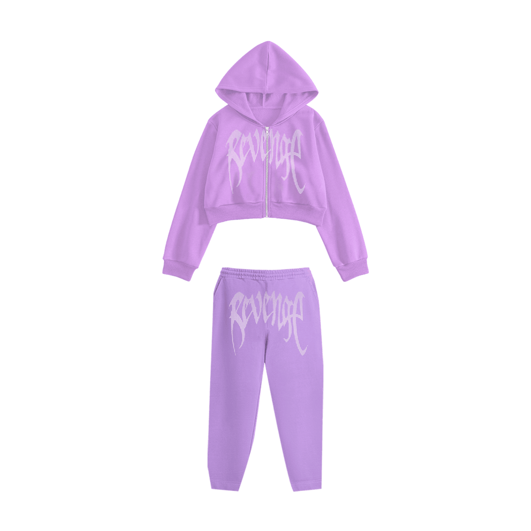 Rhinestone "Revenge" Crop Hoodie Takım | Purple
