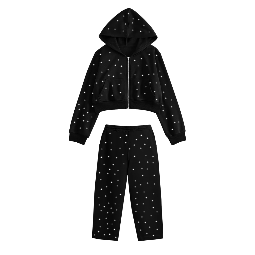 FLEAK Shining Crop Hoodie Takım | Siyah