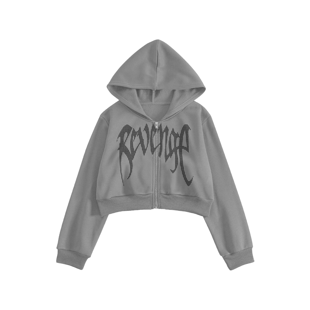Rhinestone "Fleakkity" Crop Hoodie | Grey
