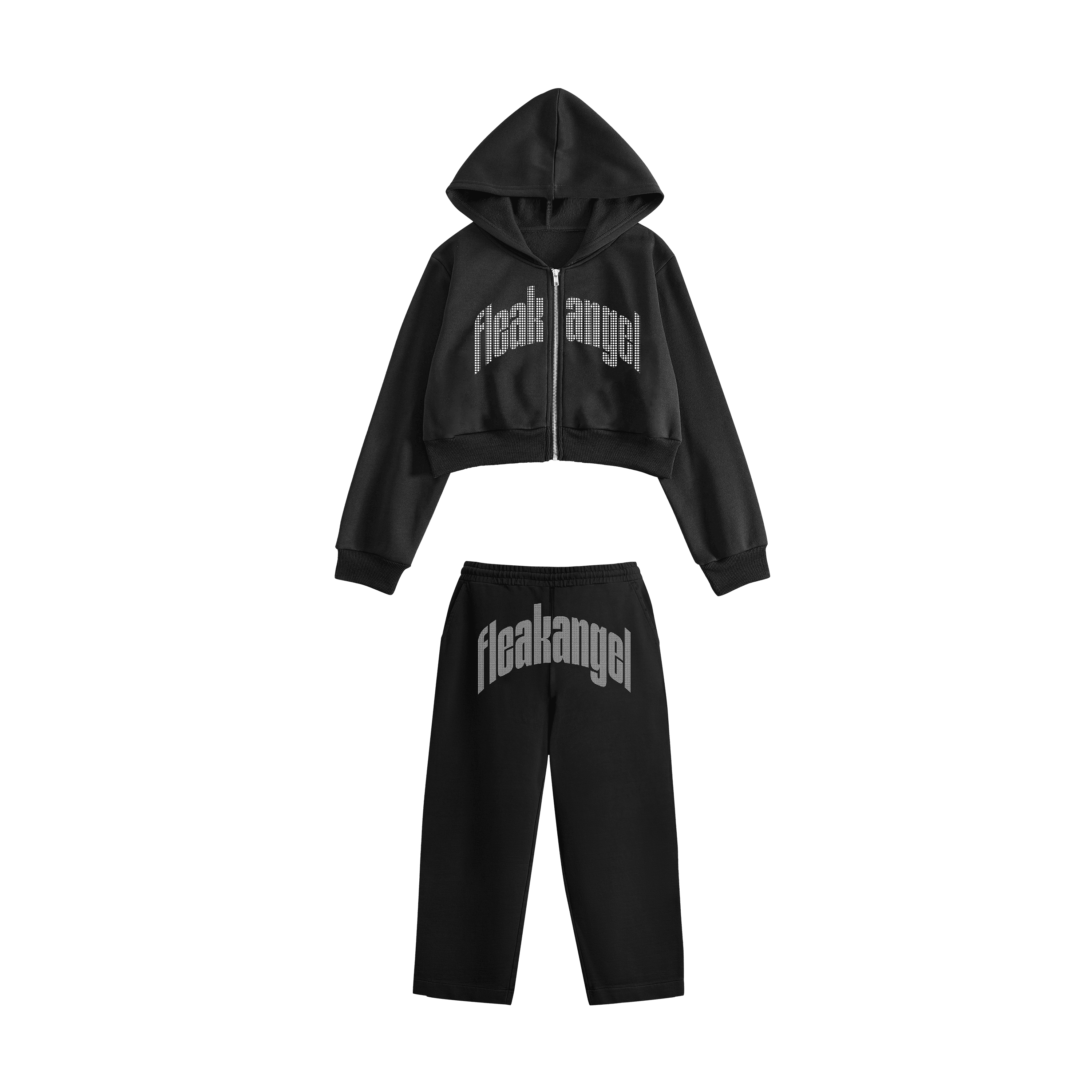 Rhinestone "Fleakangel" Crop Hoodie Takım | Black