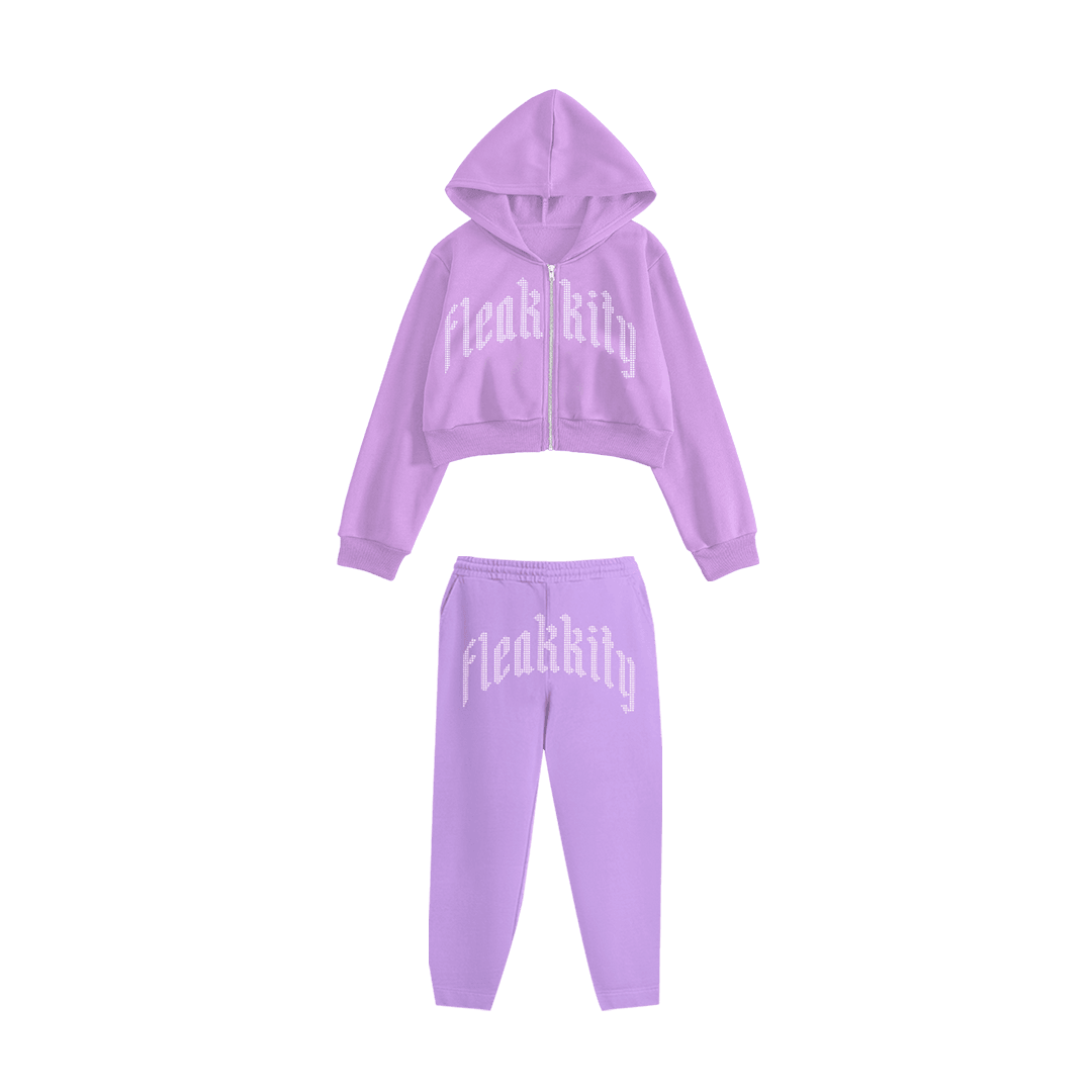 Rhinestone "Fleakkity" Crop Hoodie Takım | Purple