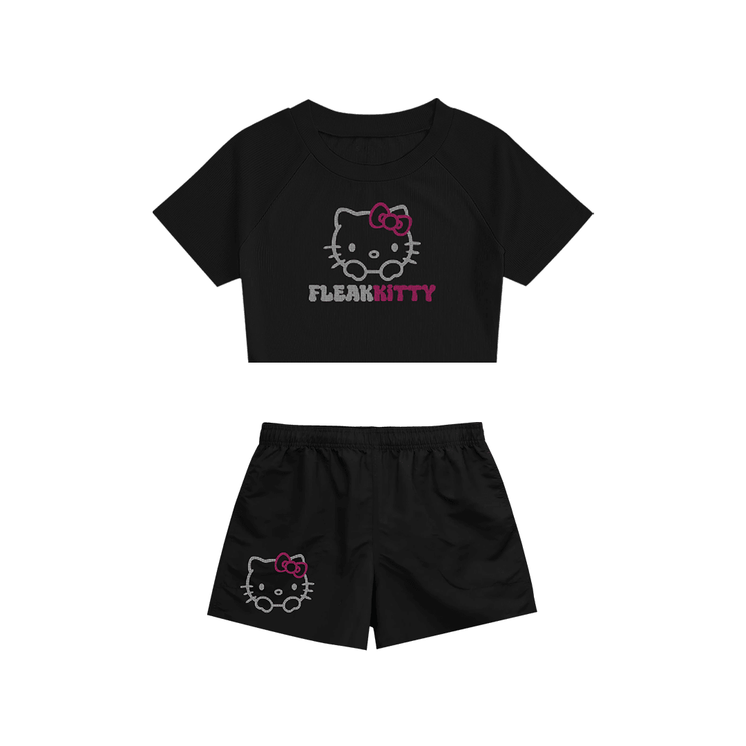 Rhinestone "Fleakkitty" Crop Short Takım | Black