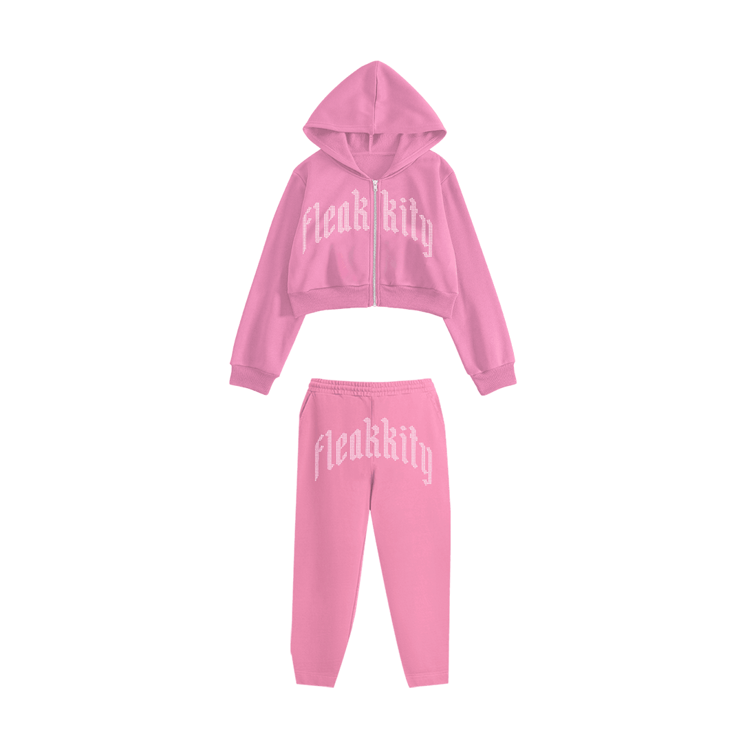 Rhinestone "Fleakkity" Crop Hoodie Takım | Sugar Pink