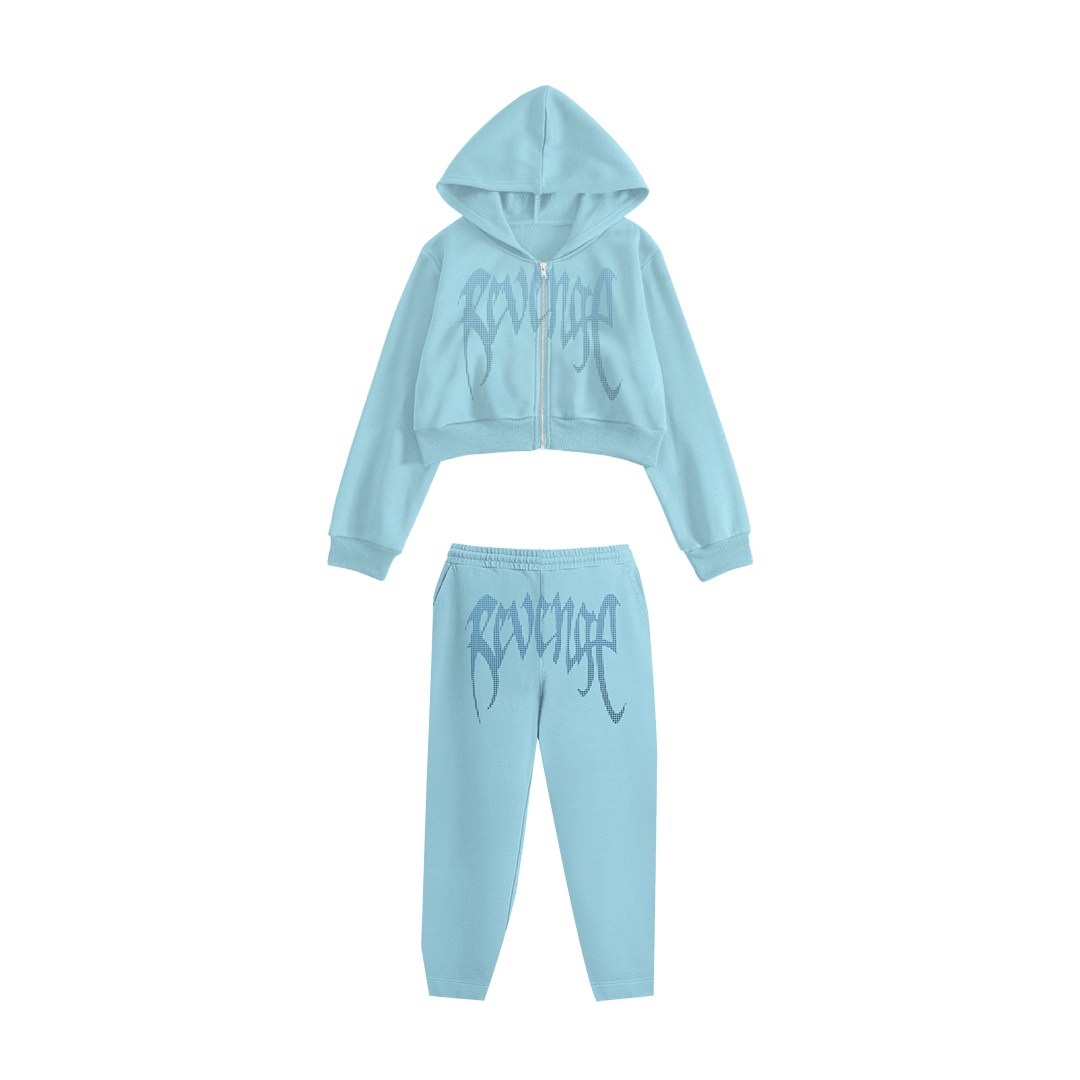 Rhinestone "Revenge" Crop Hoodie Takım | Sugar Blue V2