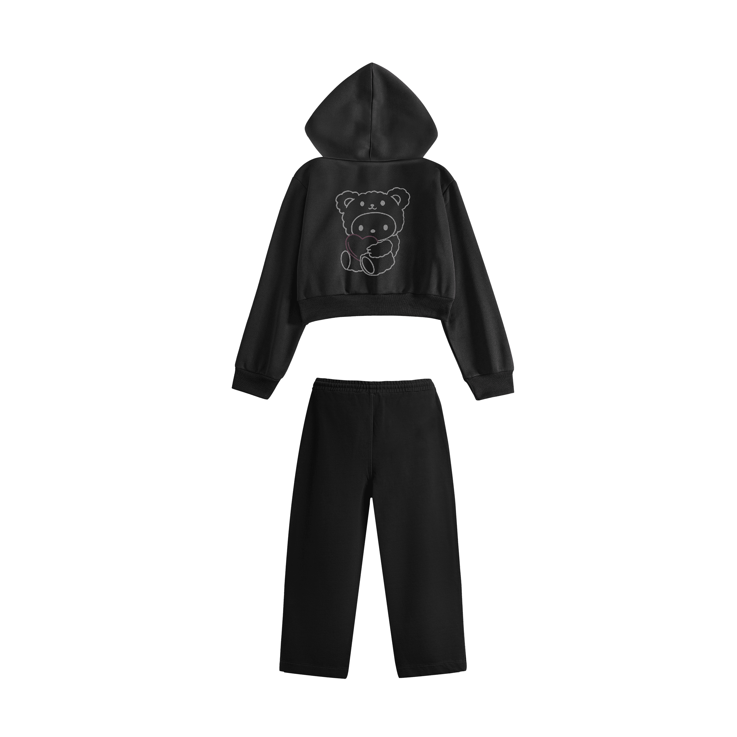 Rhinestone "Fleakbear" Crop Hoodie Takım | Black
