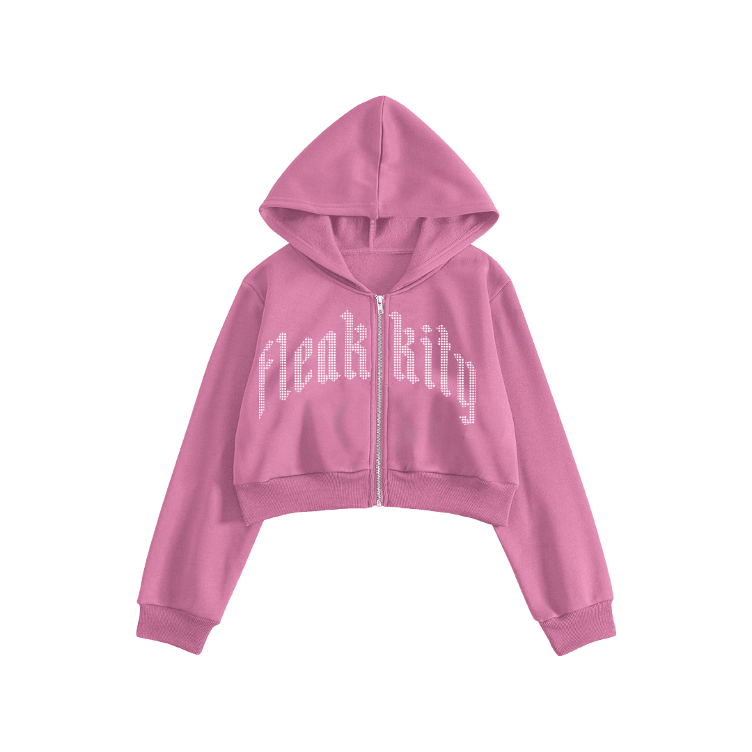Rhinestone "Fleakkity" Crop Hoodie | Sugar Pink