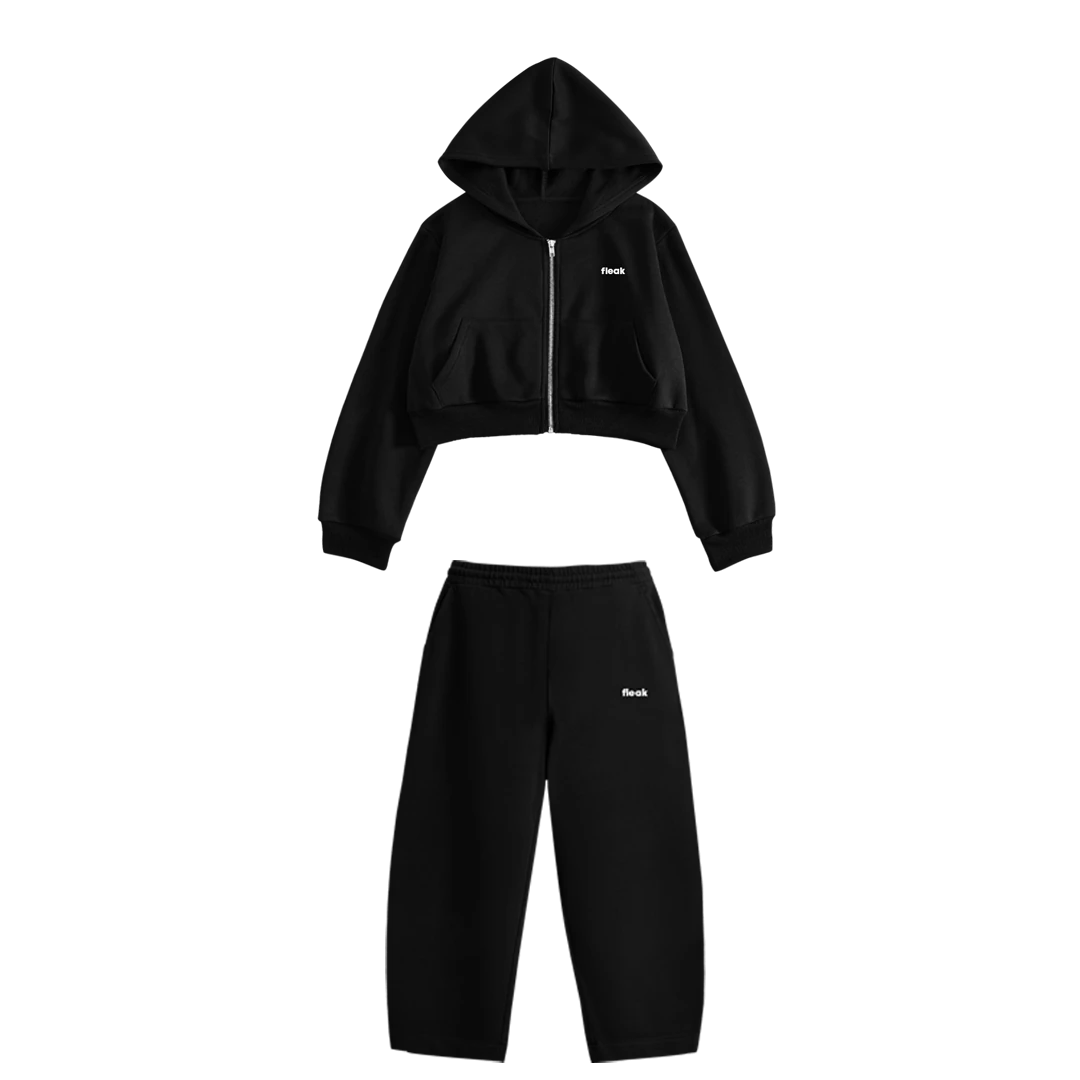 FleakBasic Oversize Crop Hoodie Takım | Siyah