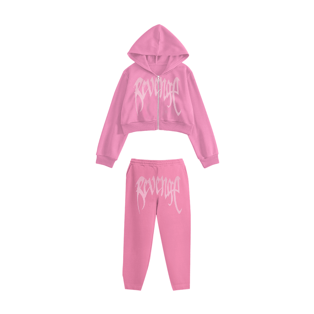 Rhinestone "Revenge" Crop Hoodie Takım | Sugar Pink