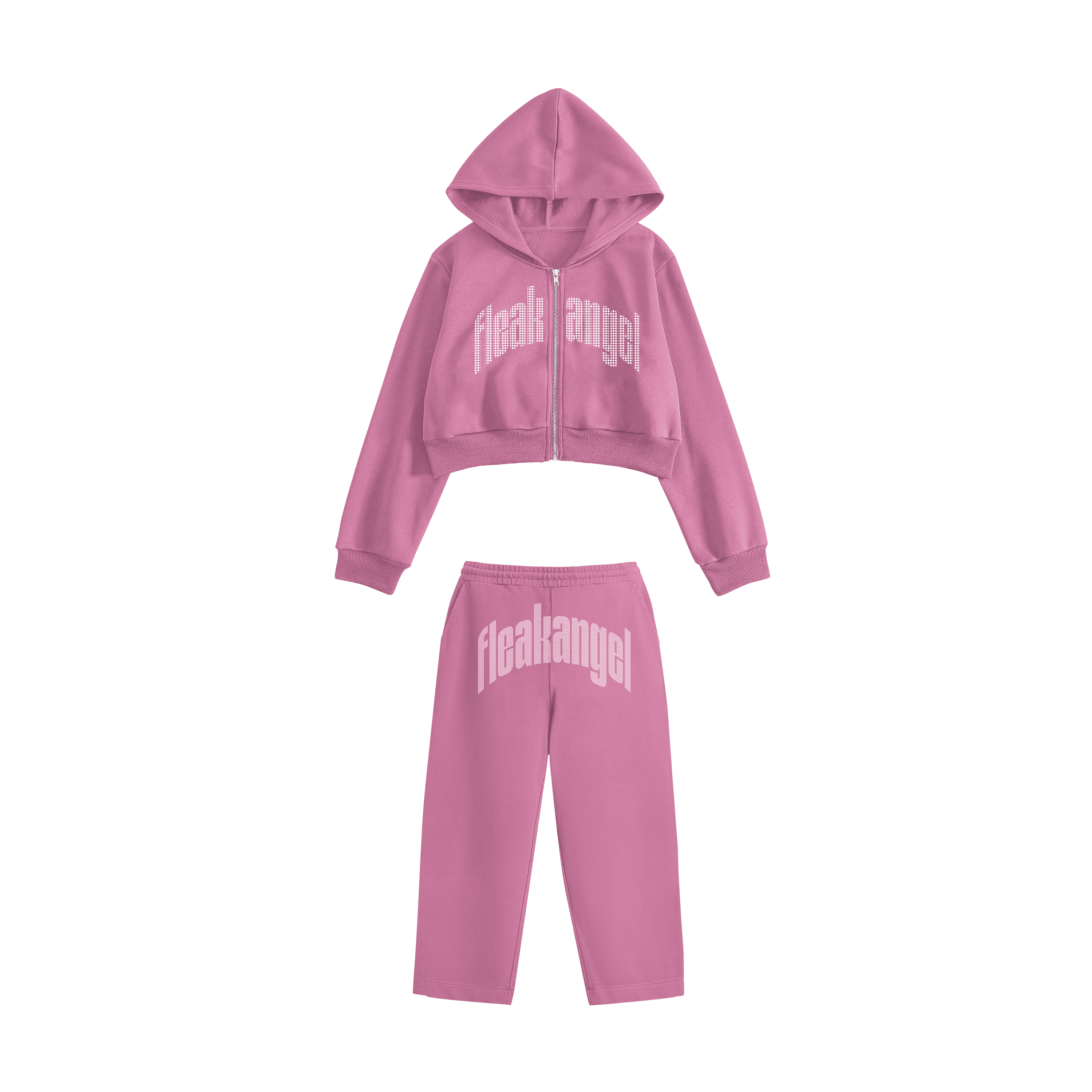 Rhinestone "Fleakangel" Crop Hoodie Takım | Sugar Pink