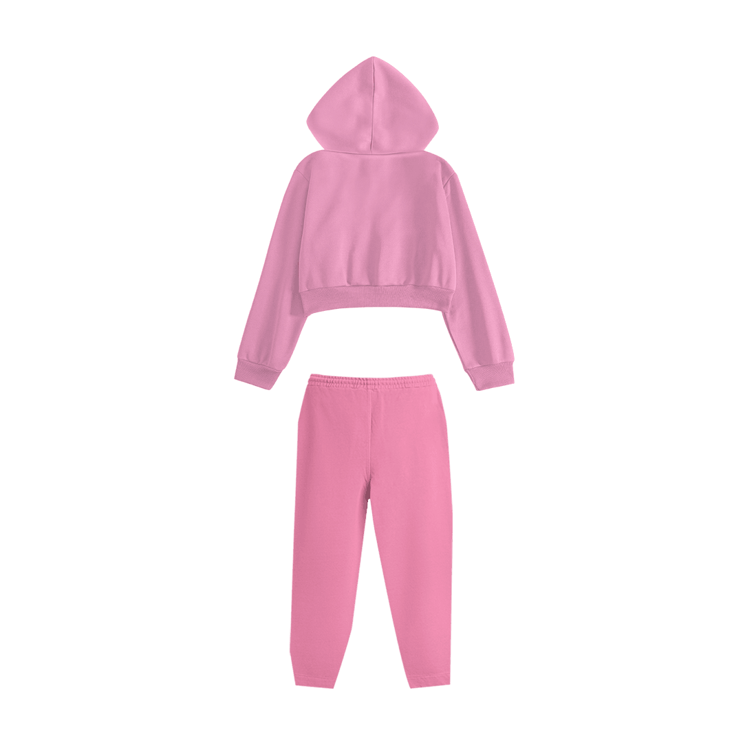 Rhinestone "Revenge" Crop Hoodie Takım | Sugar Pink