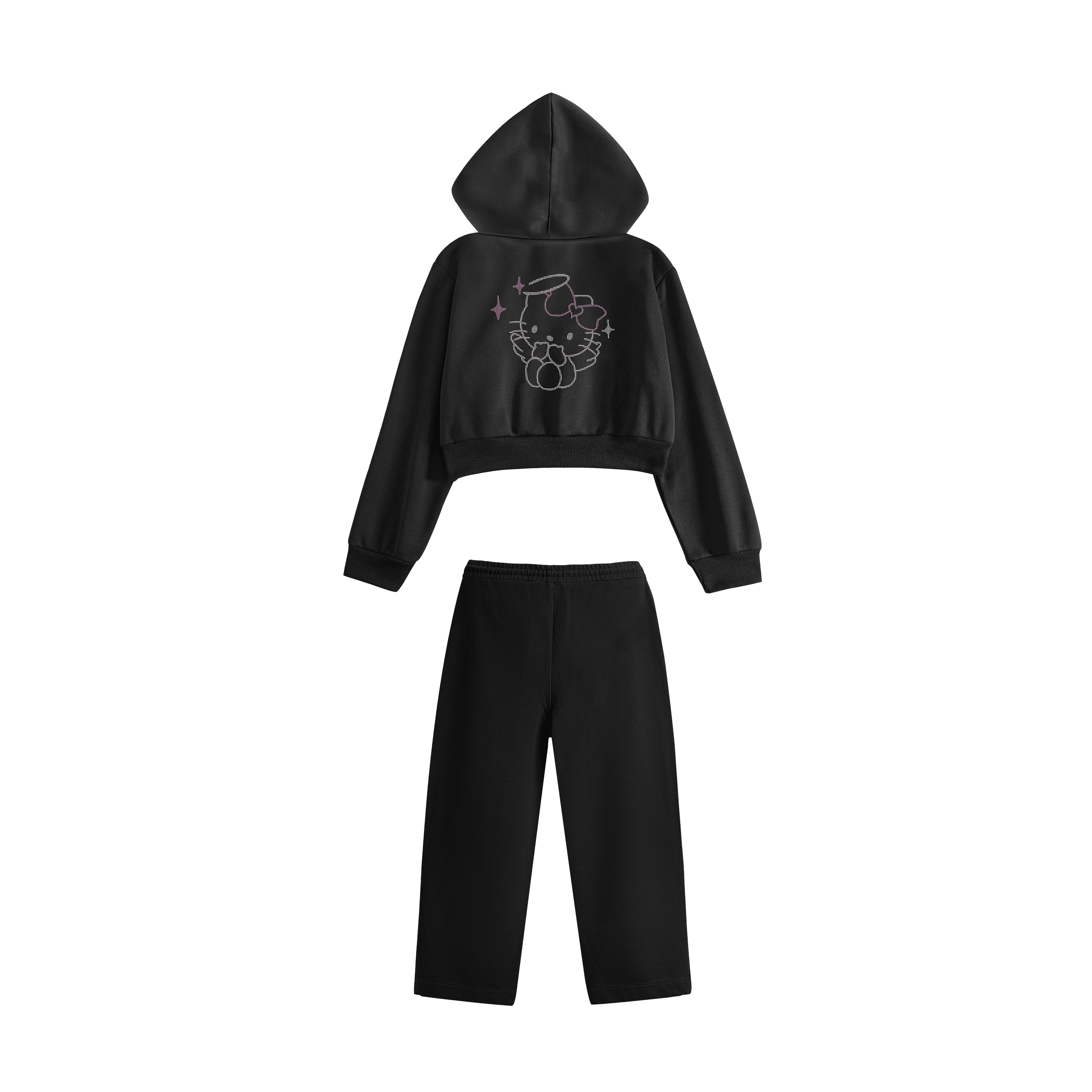 Rhinestone "Fleakangel" Crop Hoodie Takım | Black