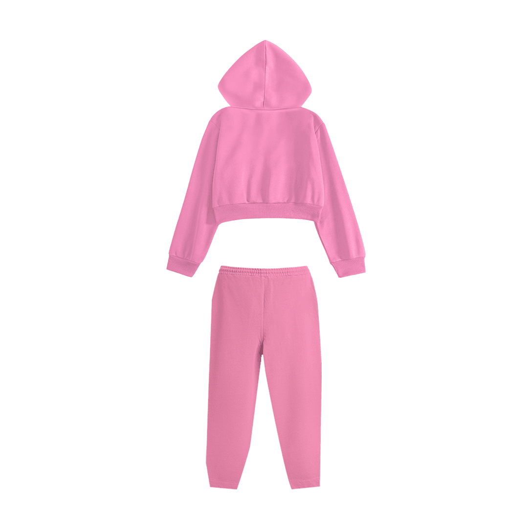 Rhinestone "Revenge" Crop Hoodie Takım | Sugar Pink V2