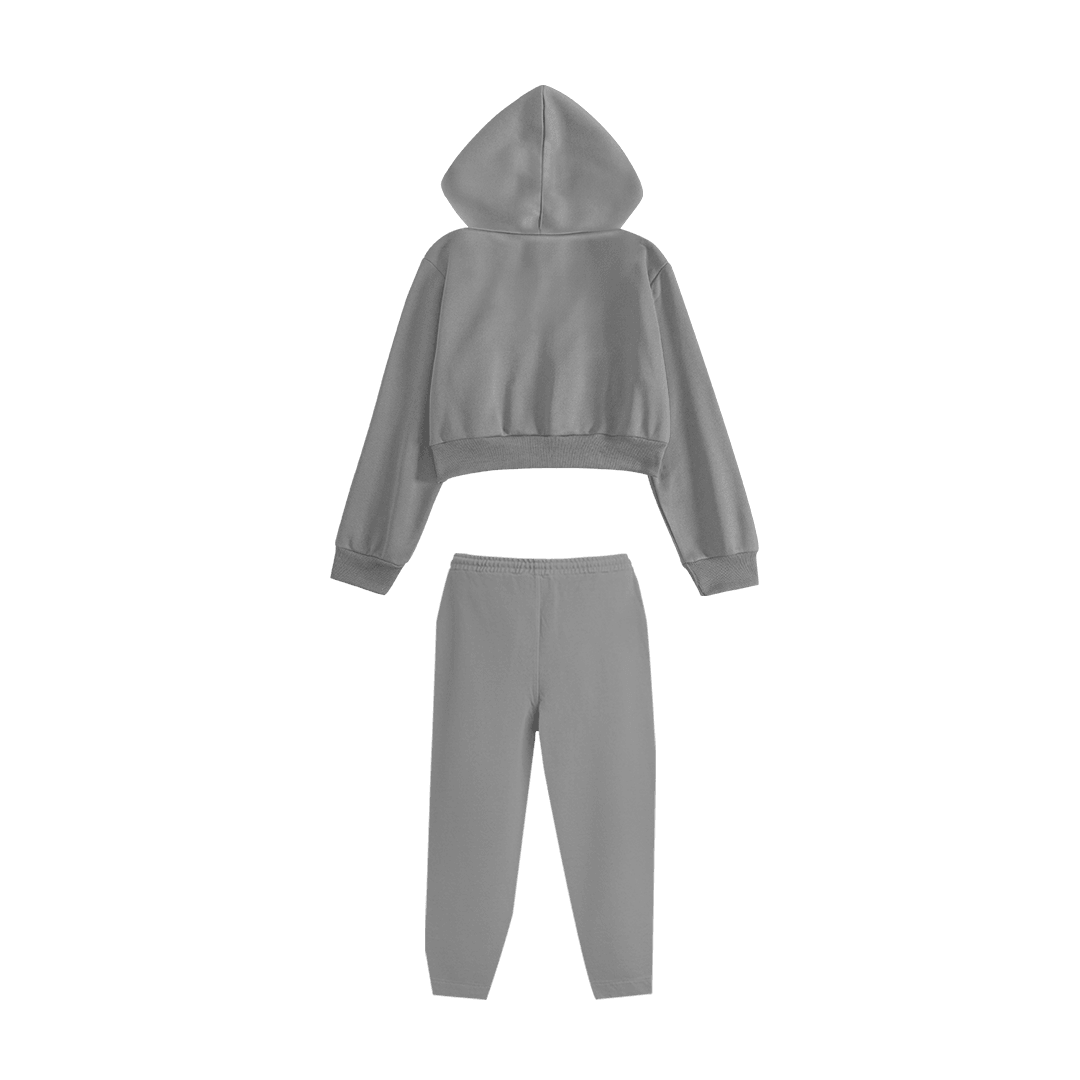 Rhinestone "Revenge" Crop Hoodie Takım | Grey