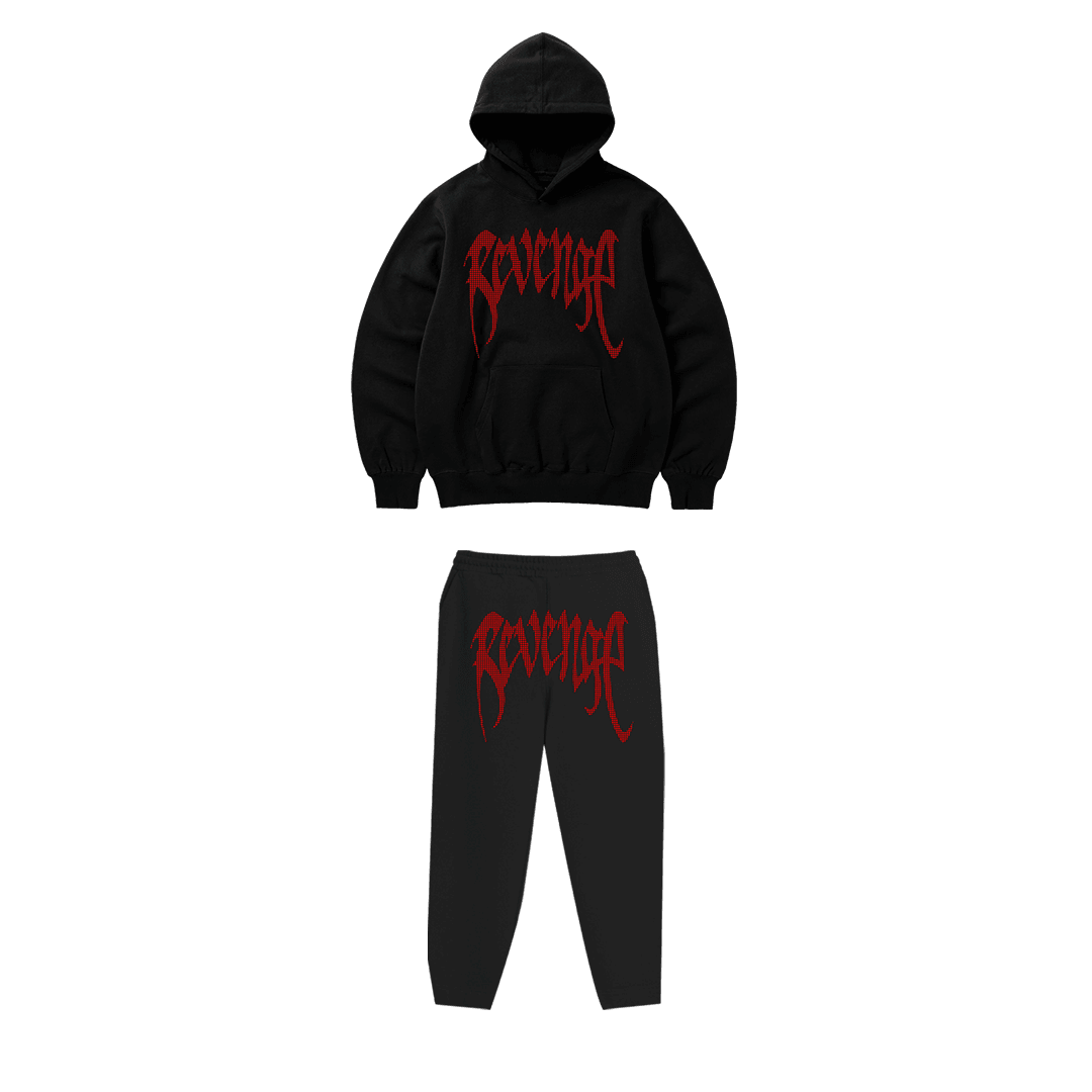 Rhinestone "Revenge" Hoodie Takım | Black Red