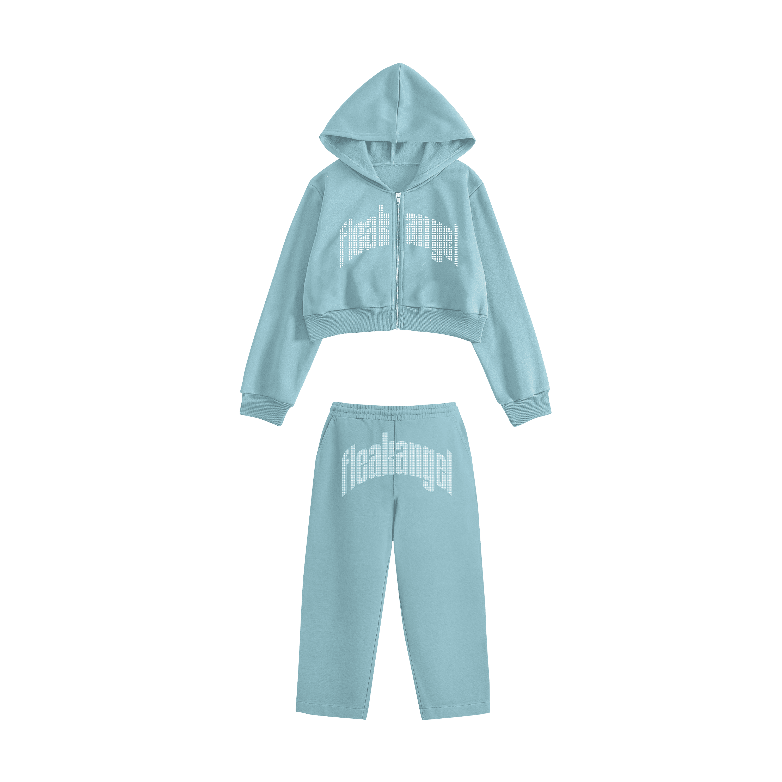 Rhinestone "Fleakangel" Crop Hoodie Takım | Sugar Blue
