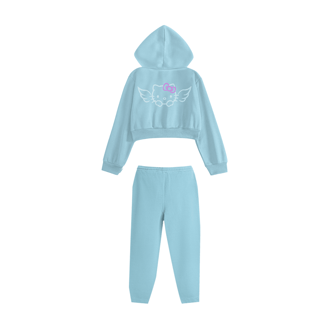 Rhinestone "Fleakkity" Crop Hoodie Takım | Sugar Blue