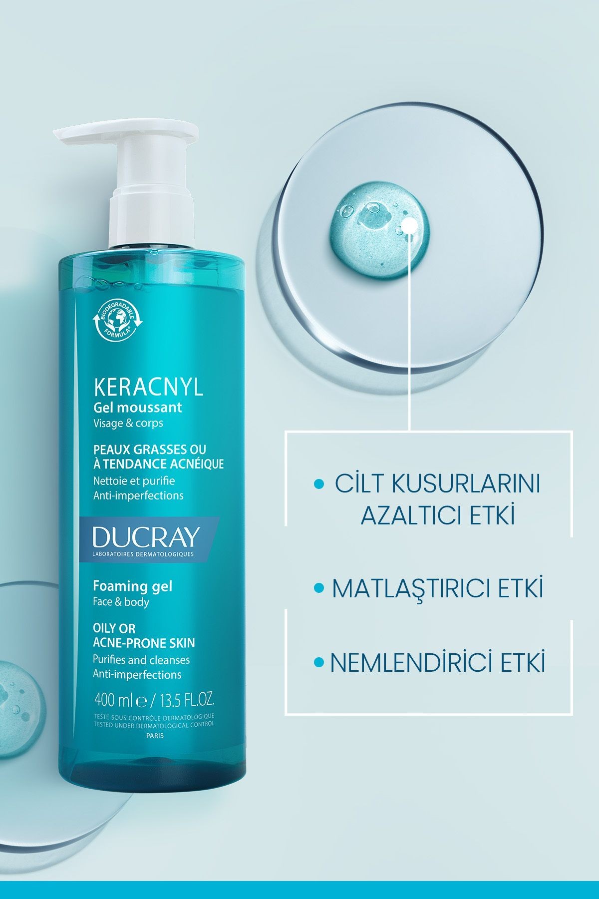 Ducray Keracnyl Yağlı ve Akneye Eğilimli Ciltler için Temizleme Jeli 400 ml
