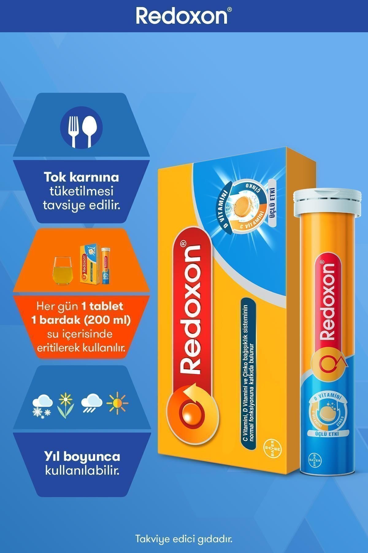 Redoxon Üçlü Etki Vitamin C,D ve Çinko İçeren 30 Efervesan