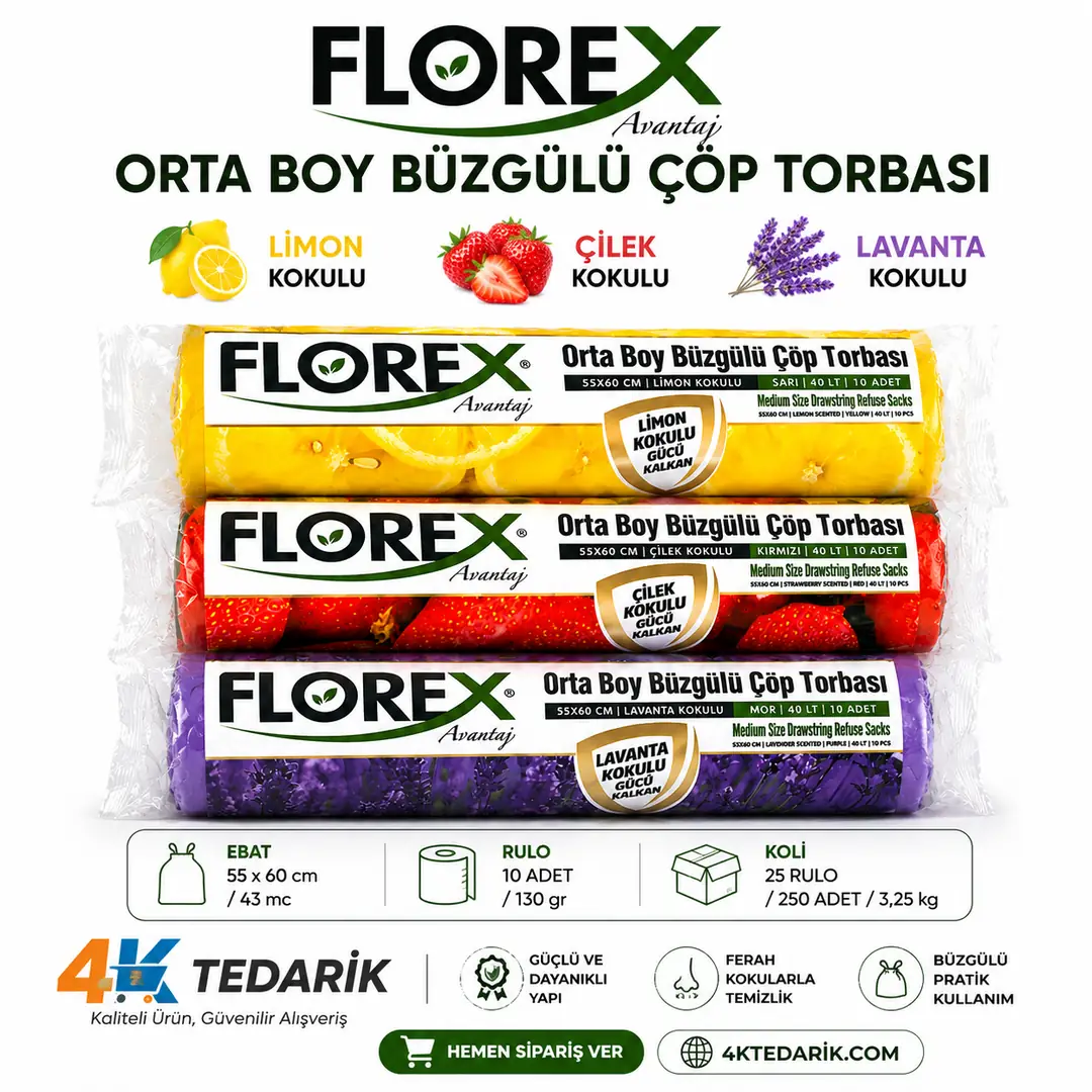 Florex 3'lü Orta Boy Kokulu Çöp Poşeti Avantajlı Paket 30'lu