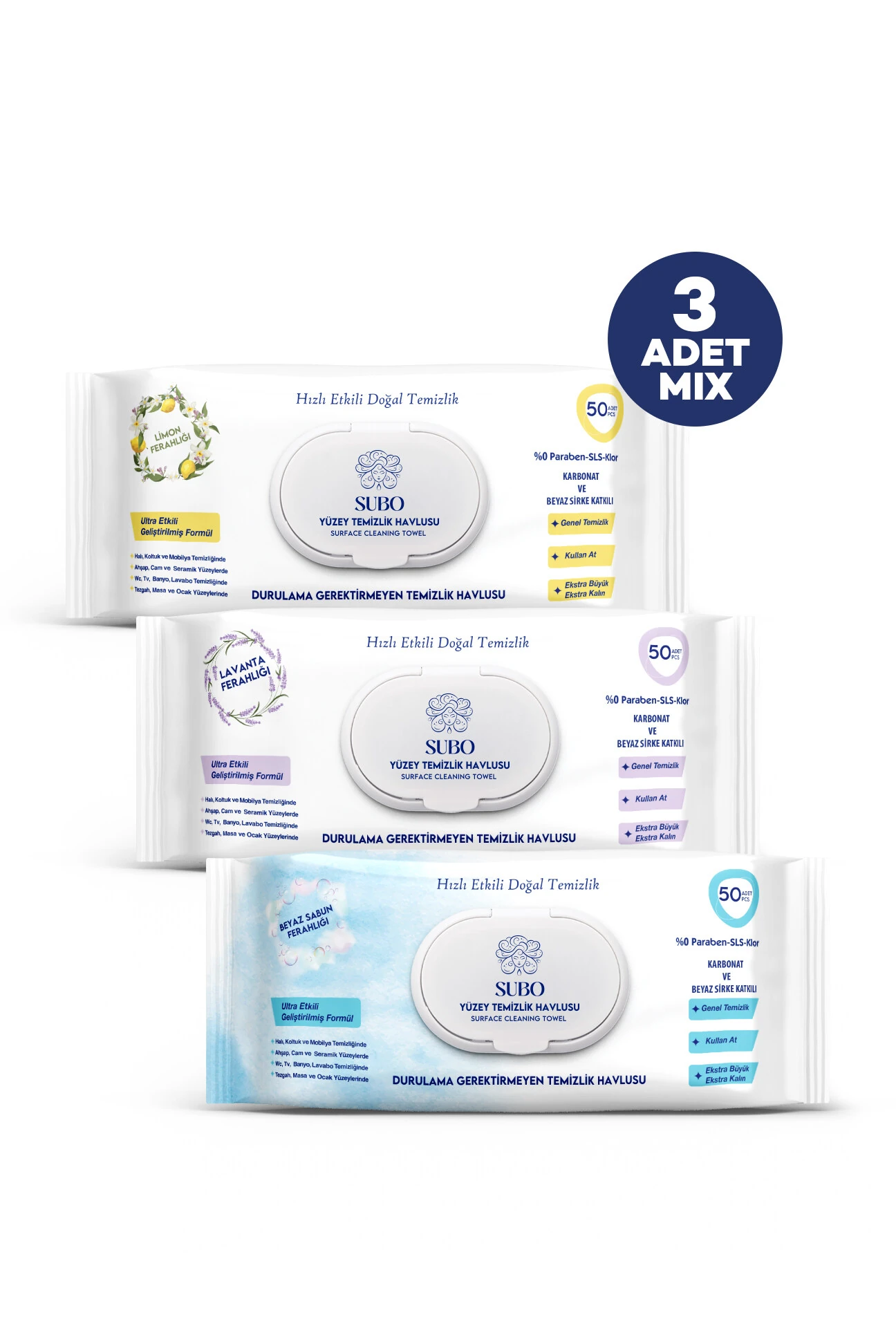 SUBO YÜZEY TEMİZLİK HAVLUSU 50 'Lİ  MİX 3X50