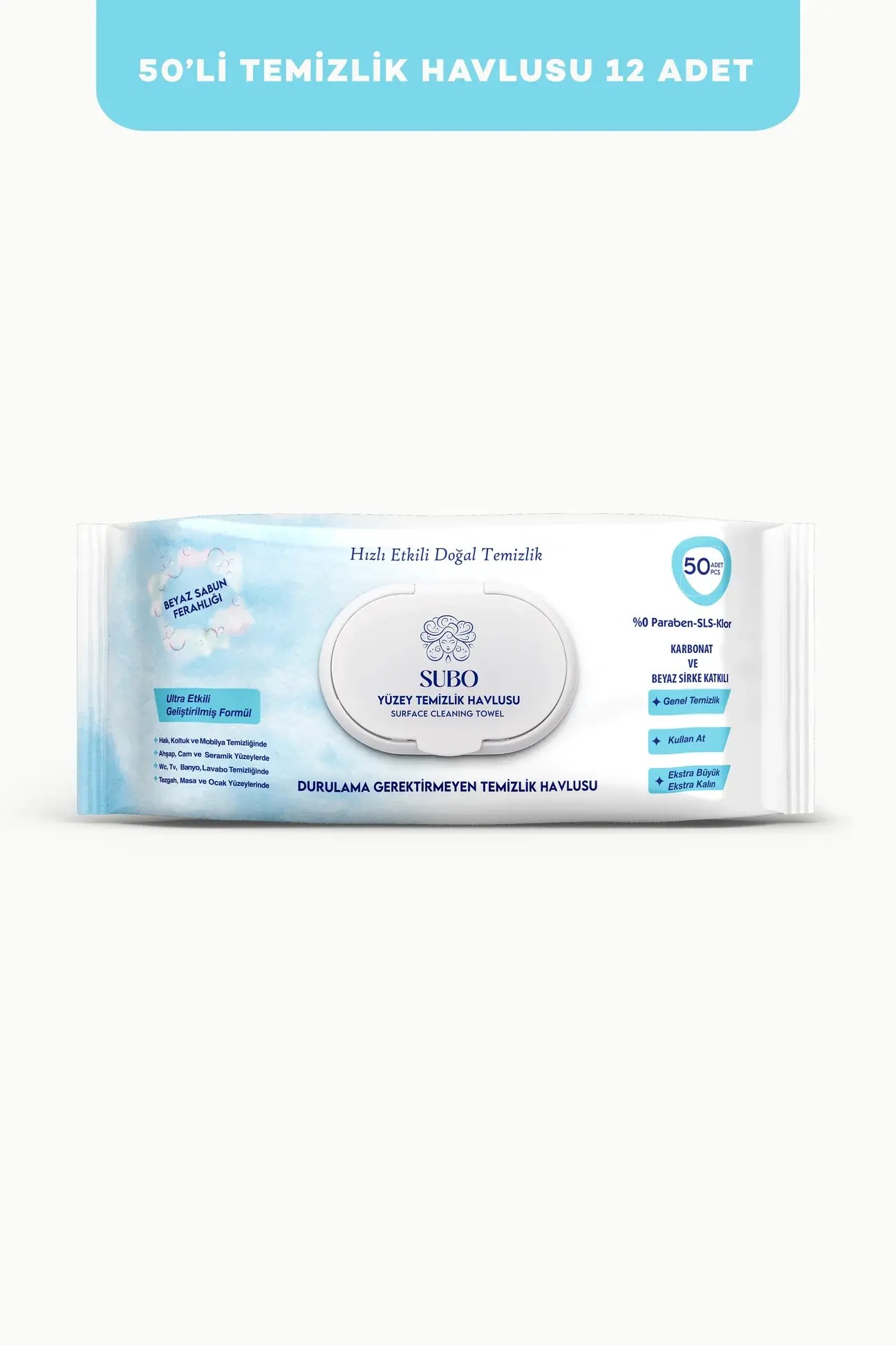 SUBO YÜZEY TEMİZLİK HAVLUSU 50 'Lİ  BEYAZ SABUN 12X50