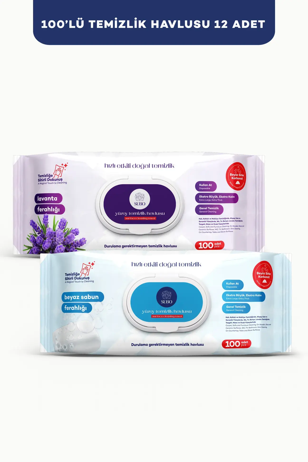 SUBO YÜZEY TEMİZLİK HAVLUSU 100 'LÜ MİX 12 X100 (6 L.FERH + 6 B.SABN.FERH )