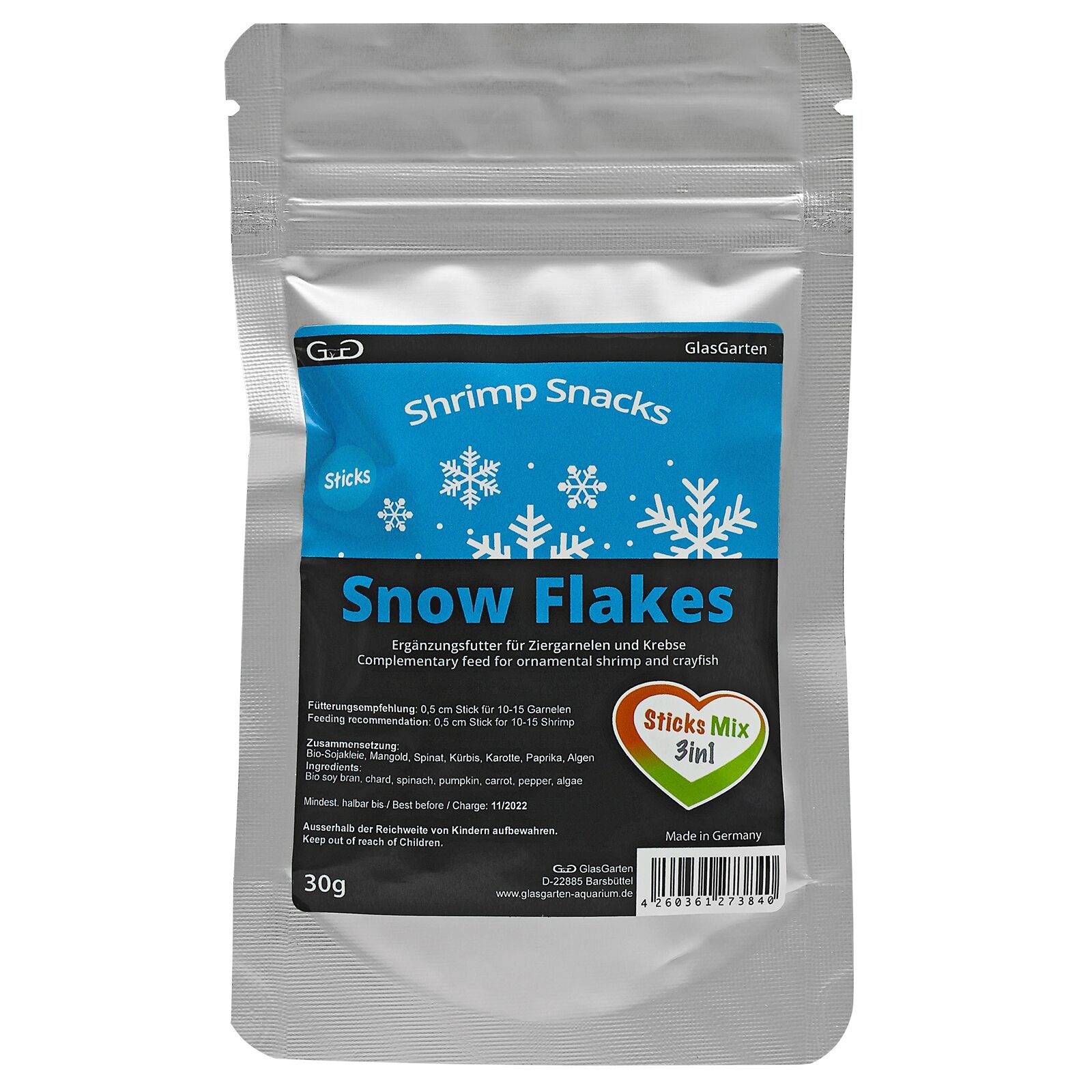 GlasGarten Shrimp Snacks Snow Flakes, Sticks Mix 3in1