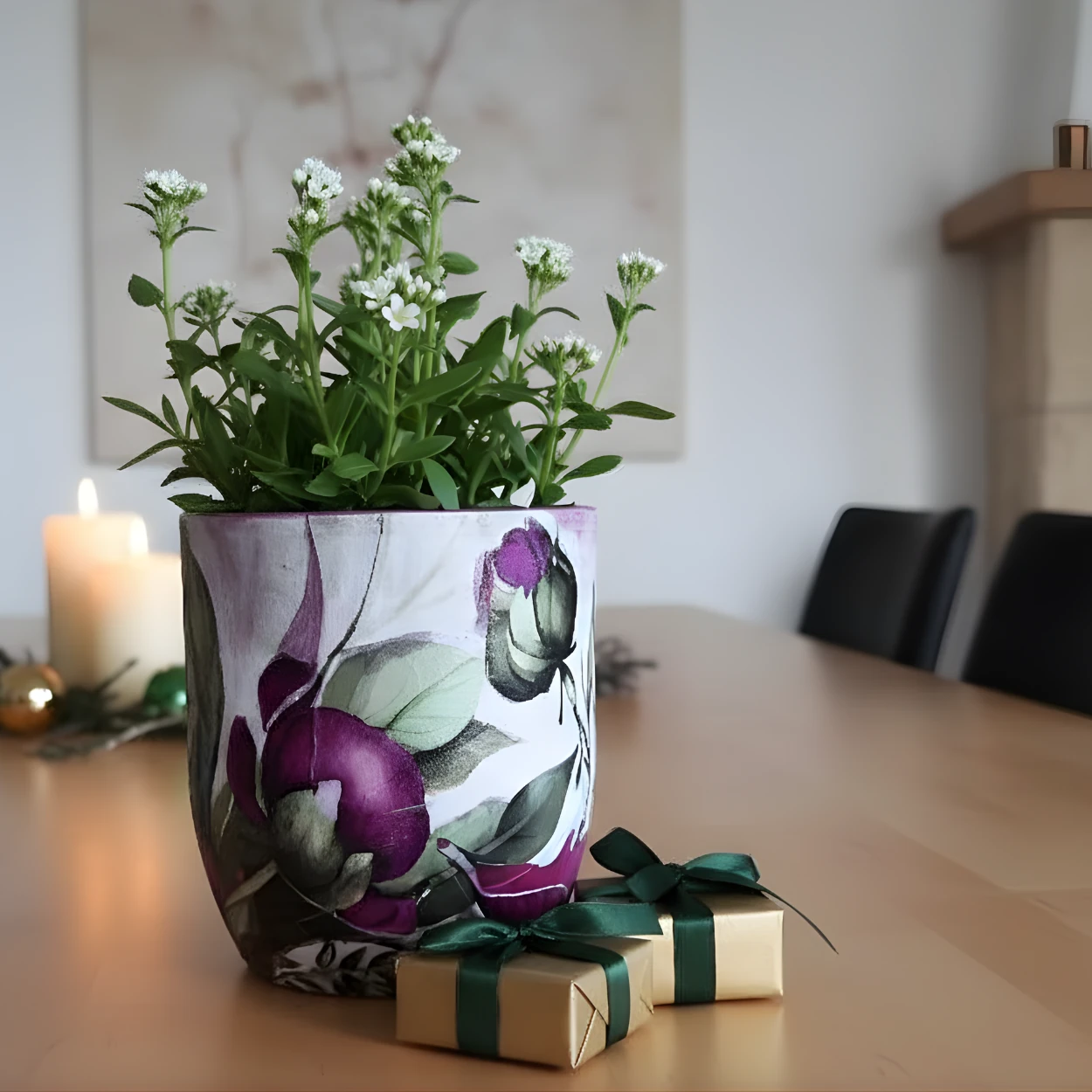 Mor Çiçek Desenli Saksı