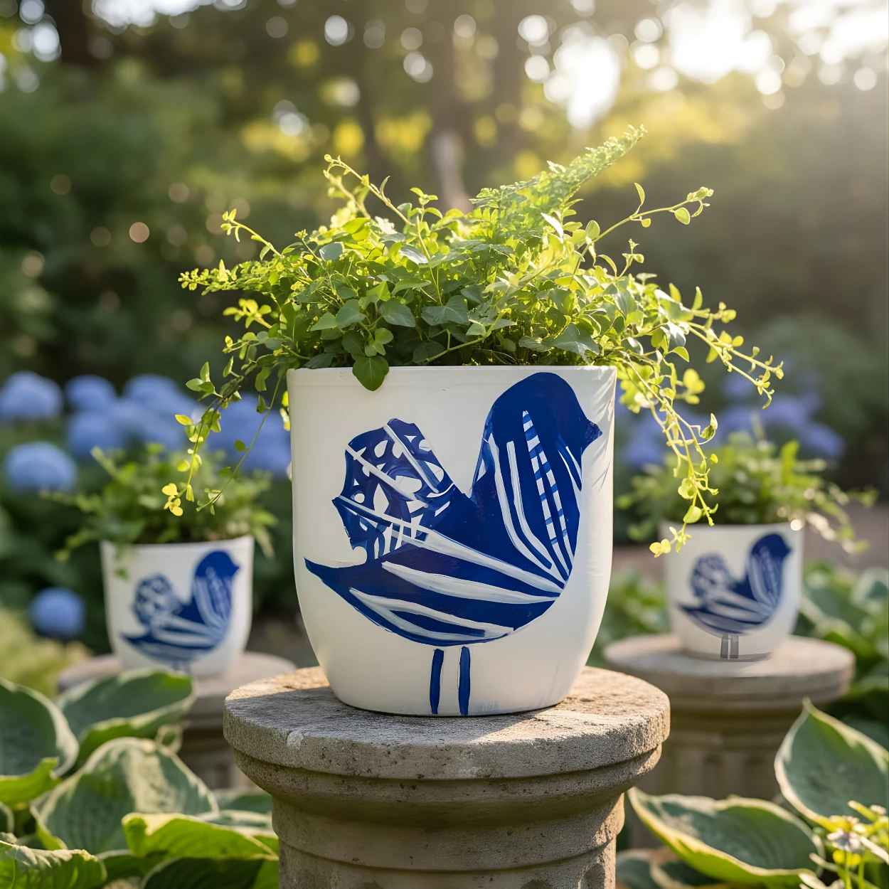 Mavi Kuş Desenli Saksı