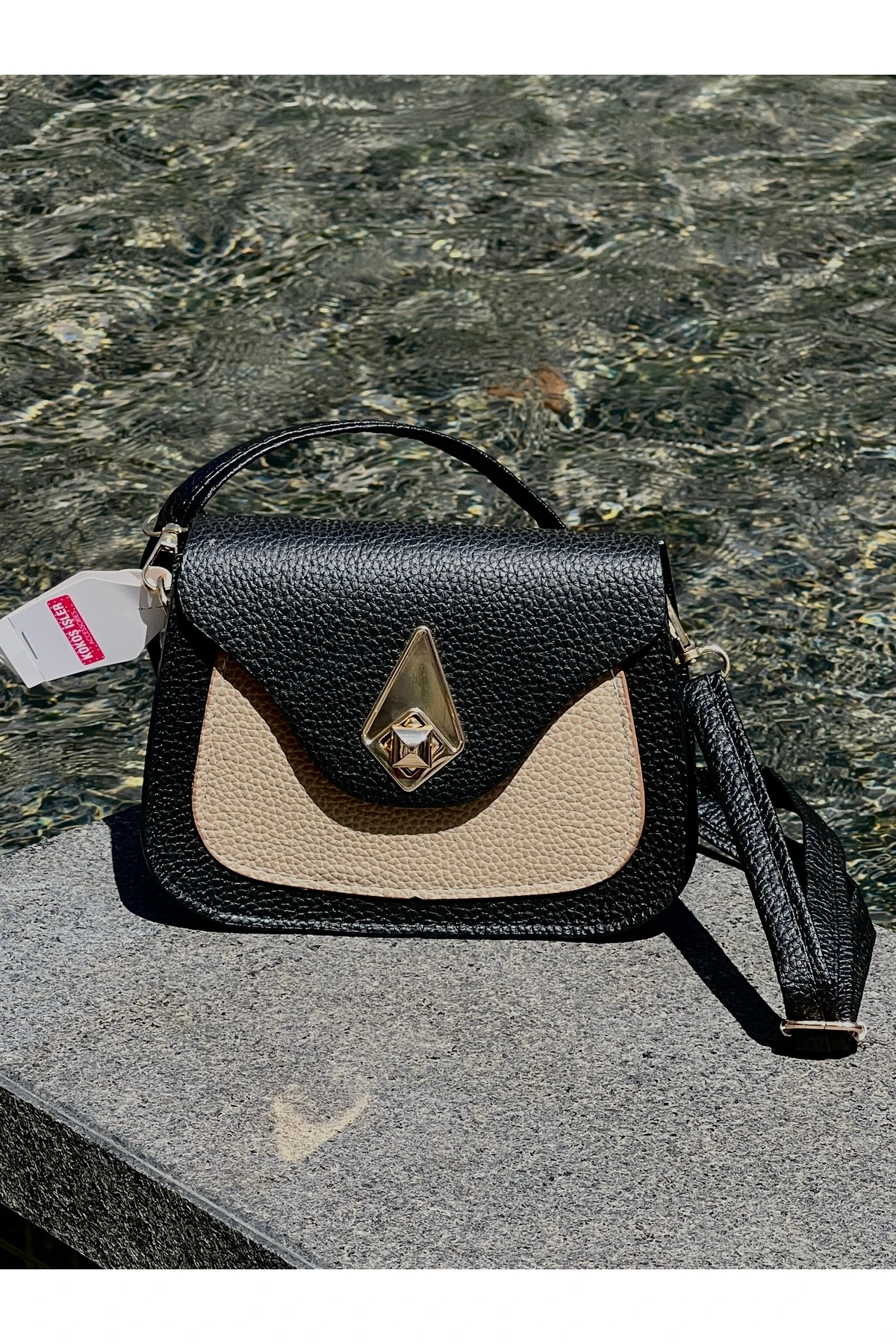 "Kadın Siyah-Bej Renkli Suni Deri Omuz ve Çapraz Çanta"