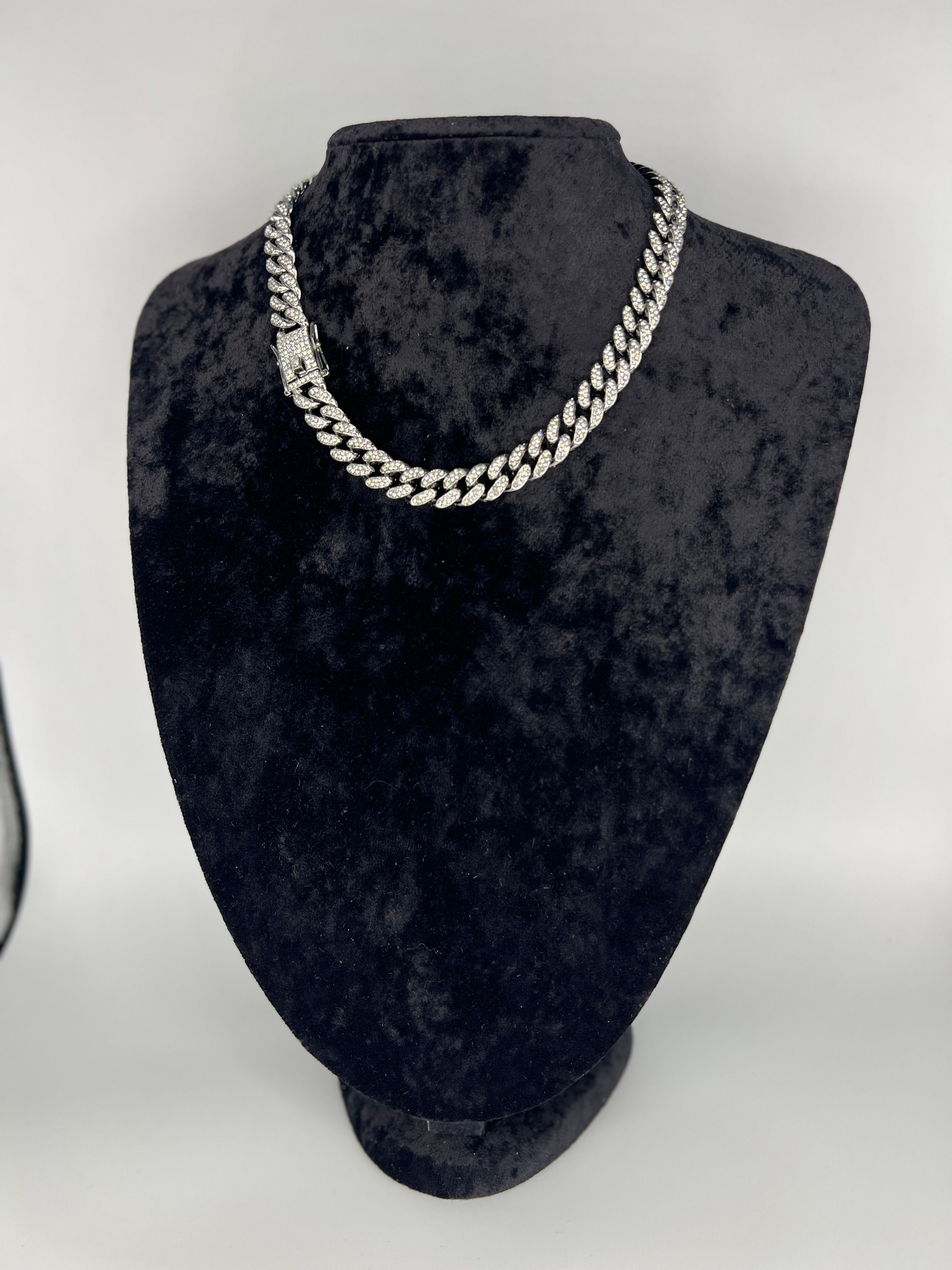 Unisex Taşlı Cuban Zincir Kolye – Parlak Çelik, Hip Hop Stil, Iced Out Görünümlü Gold Renkli - Gümüş