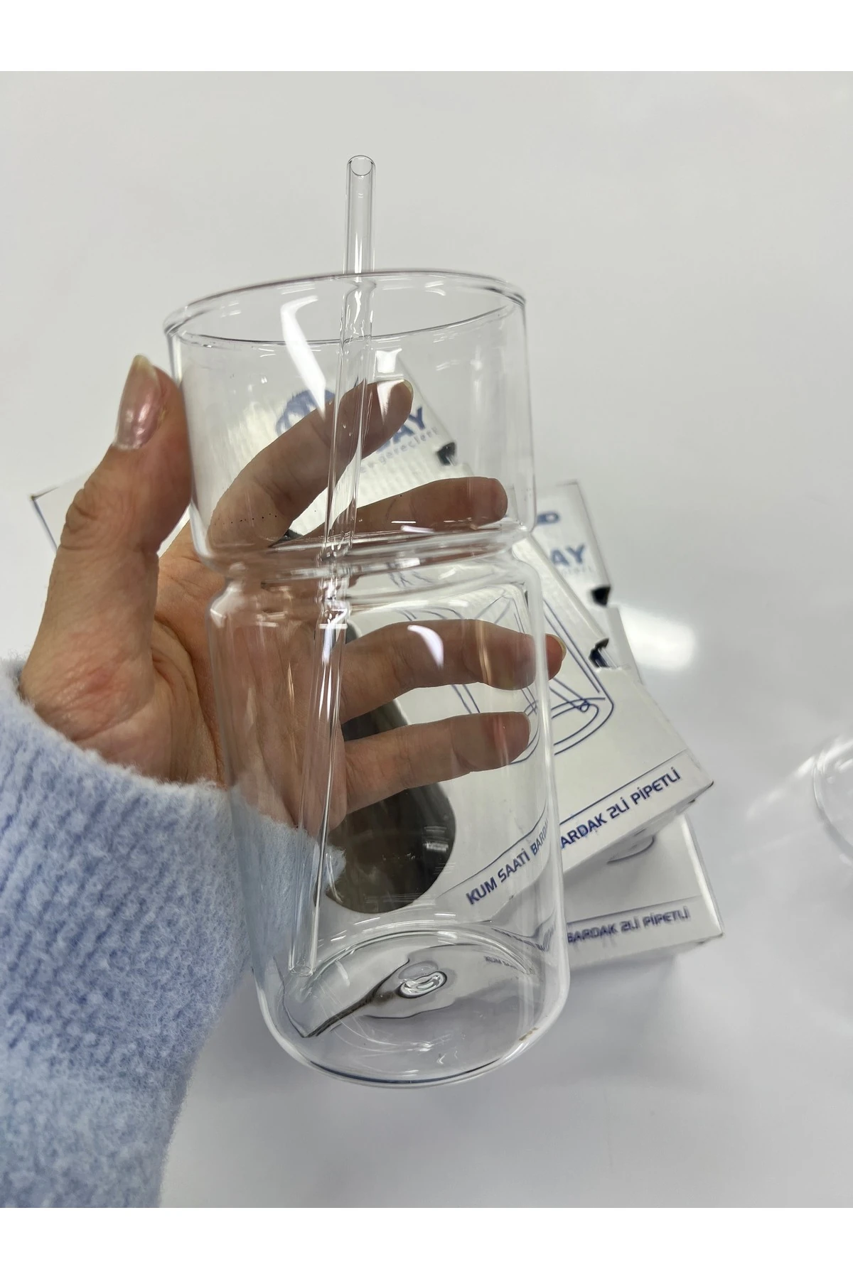 Modern Tasarım Uzun Pipetli Şeffaf Cam Bardak Seti (2 Adet)