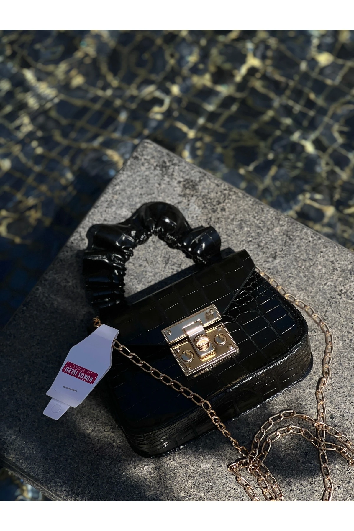 "Siyah Krokodil Desenli Mini El Çantası"