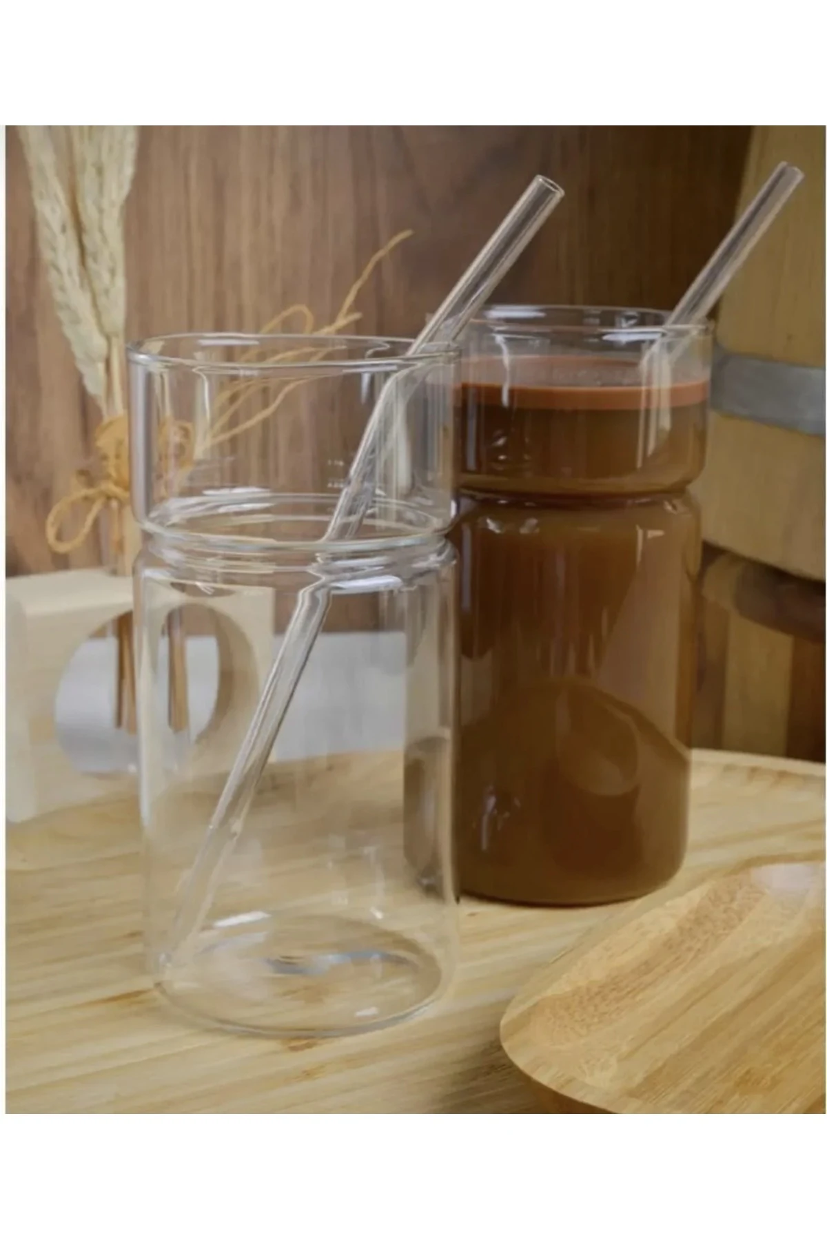 Modern Tasarım Uzun Pipetli Şeffaf Cam Bardak Seti (2 Adet)