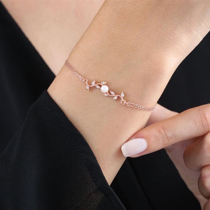 Pırlanta Montür İnci Baharı Rose Renk Flowers Gümüş Bileklik