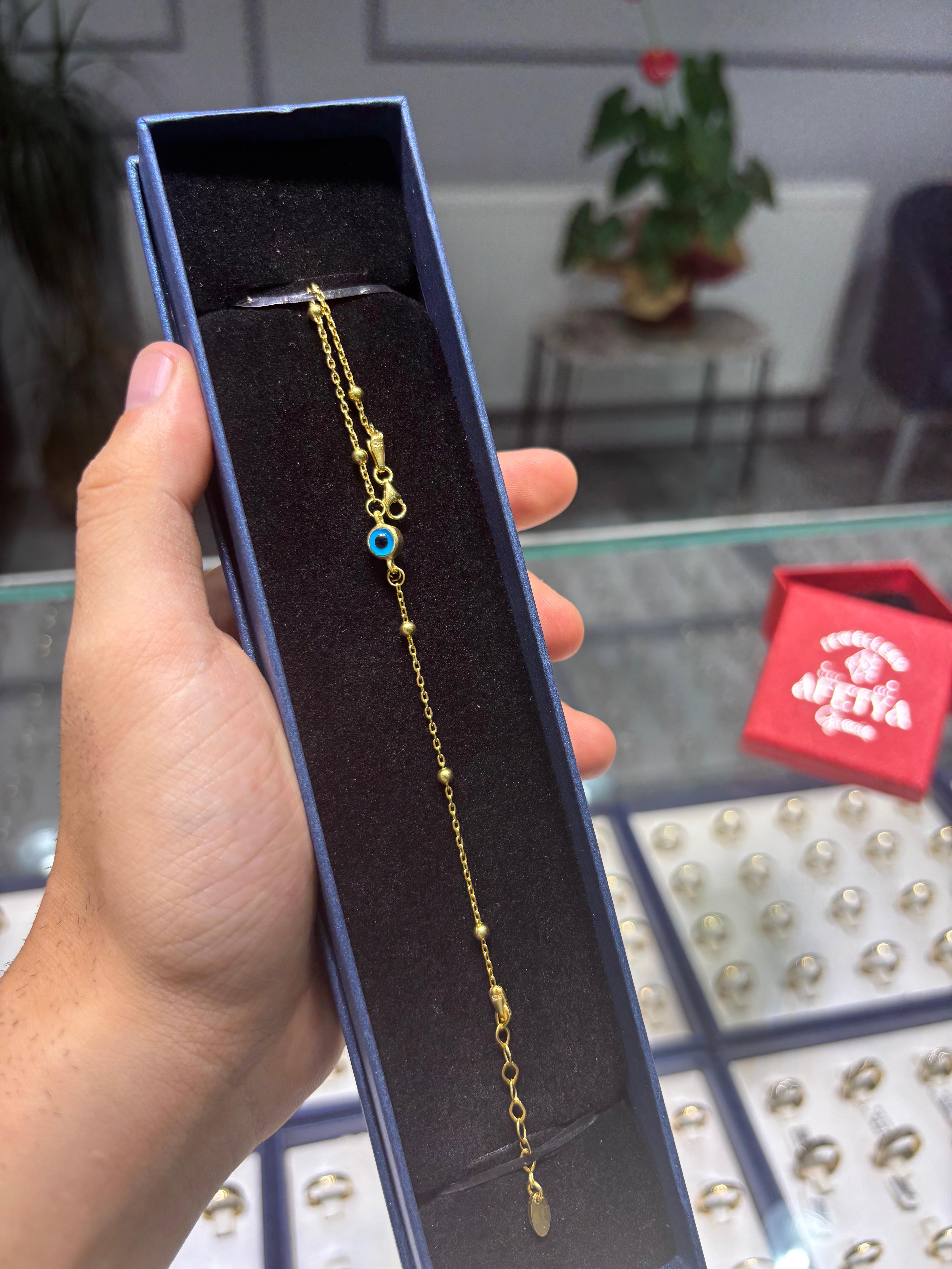 925 Ayar Gümüş Üzeri 14 Ayar Altın Kaplama Dorika Toplu Nazar Boncuk Bileklik