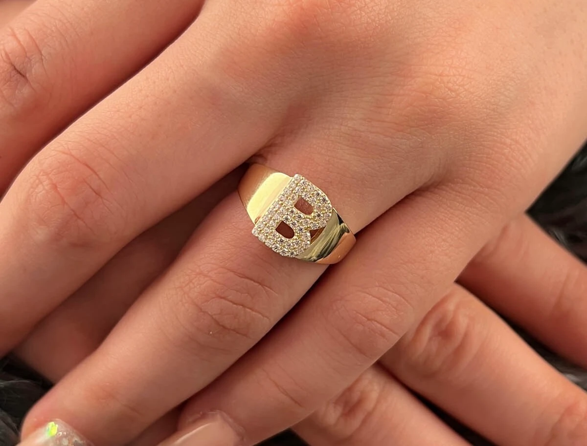 925 Ayar Gümüş Üzerine 14 Ayar Altın Kaplama B Harfi Yüzük