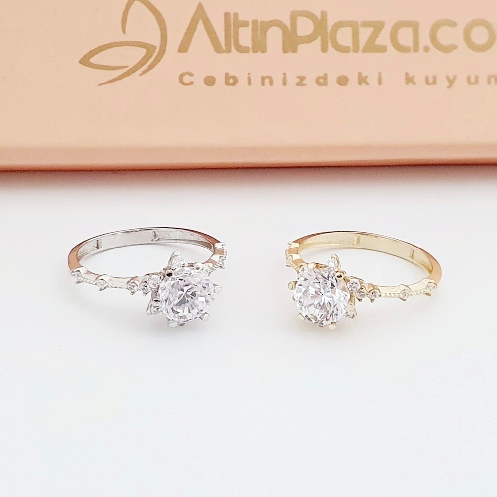 925 Ayar Gümüi Üzerine 14 Ayar Altın Kaplama Lotus Tek Taş Yüzük