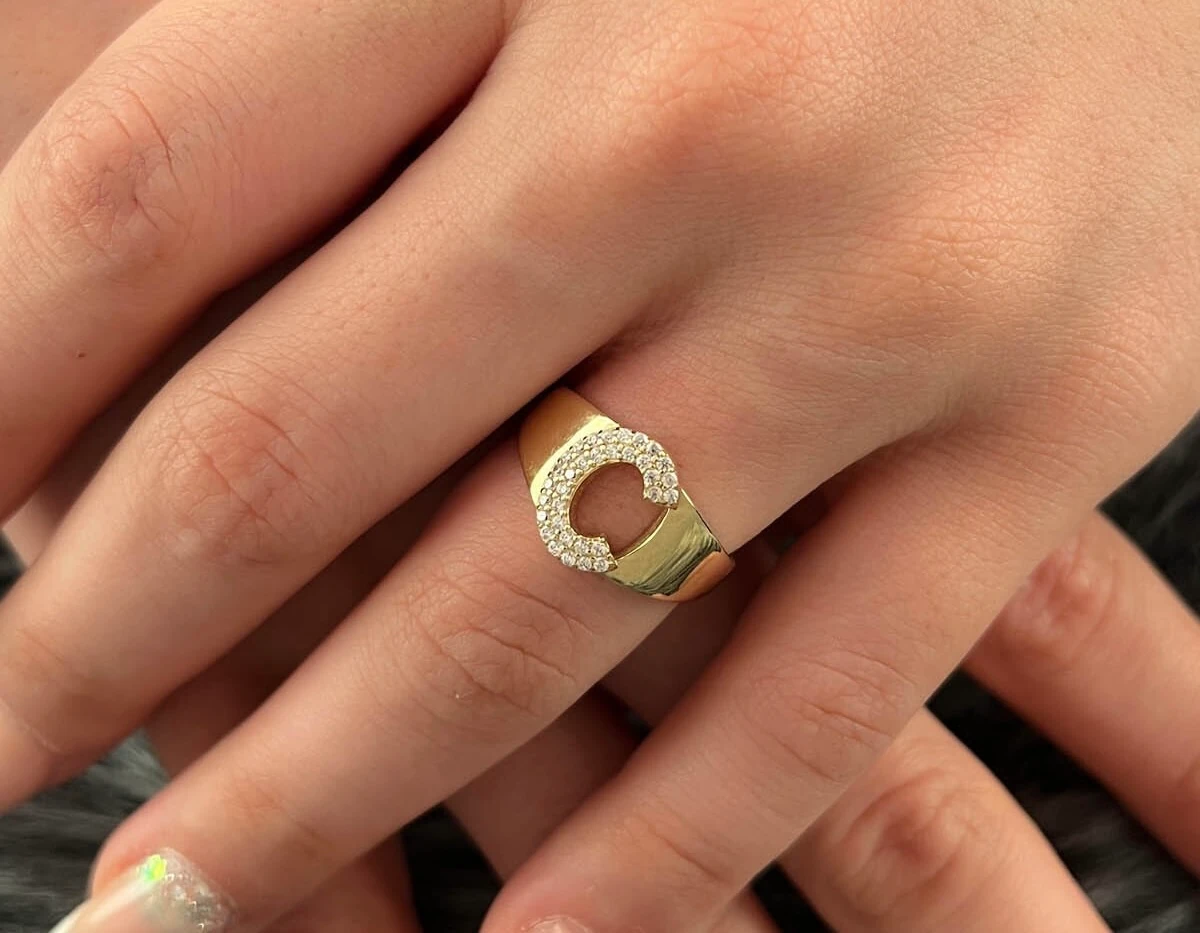 925 Ayar Gümüş Üzerine 14 Ayar Altın Kaplama C Harfi Yüzük