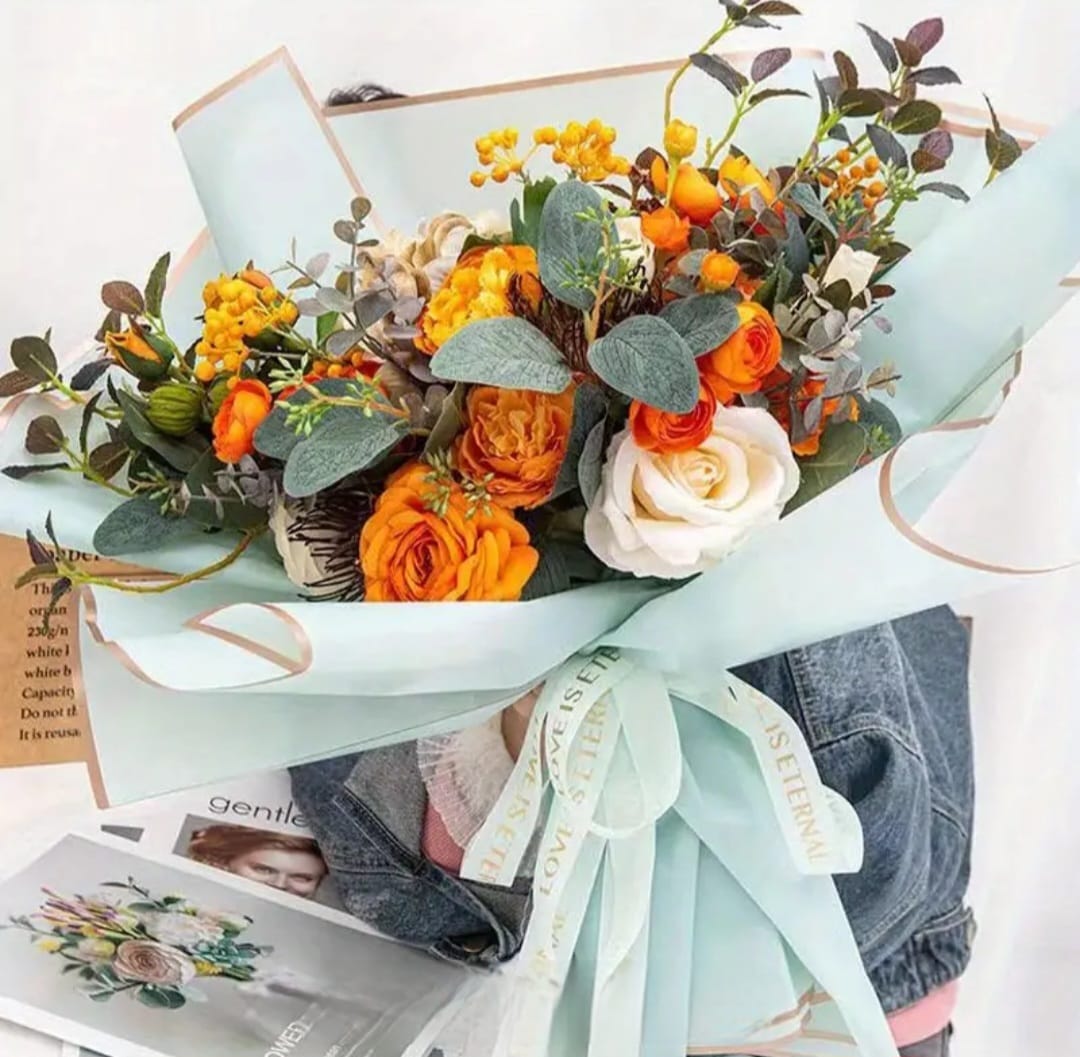 Mavi Altın Kenar Çerçeveli Çiçek Ambalajı