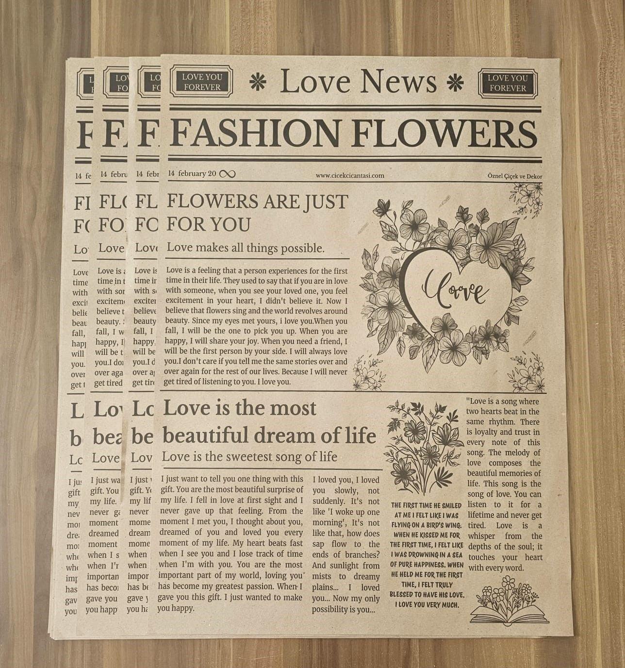 Gazete Desenli Kraft Çiçek Ambalajı - Love News