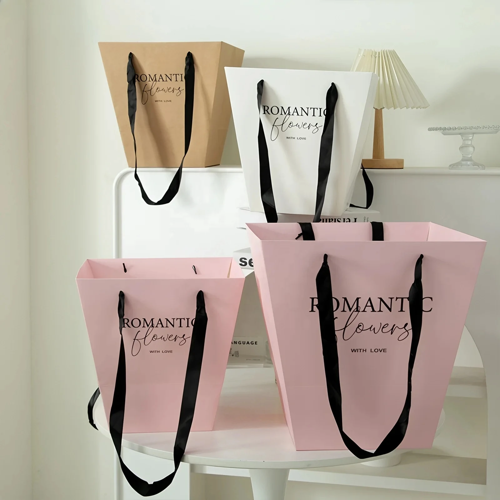 Romantik Flowers Çiçek Buketi Taşıma Çantası - 2 Adet -Beyaz