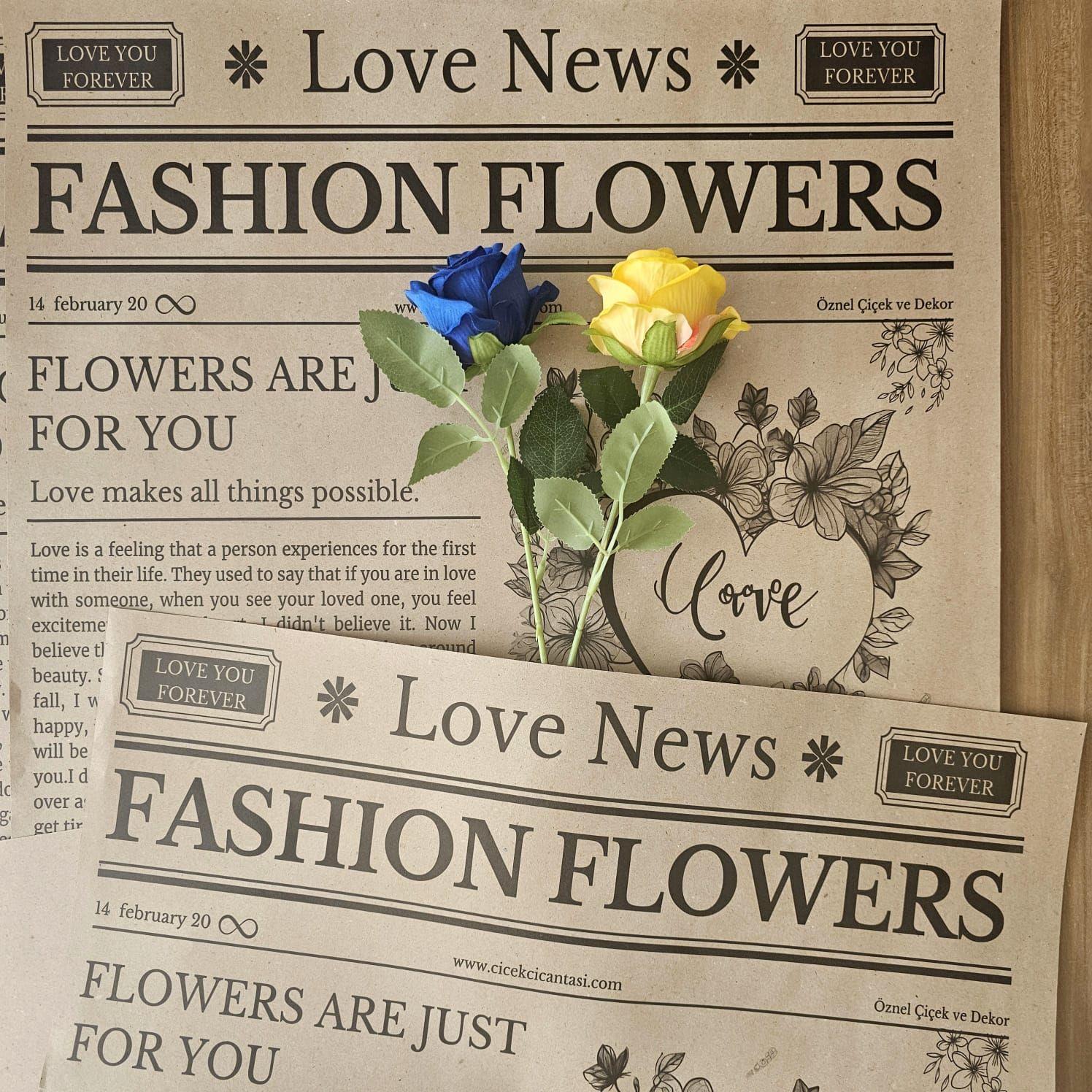 Gazete Desenli Kraft Çiçek Ambalajı - Love News