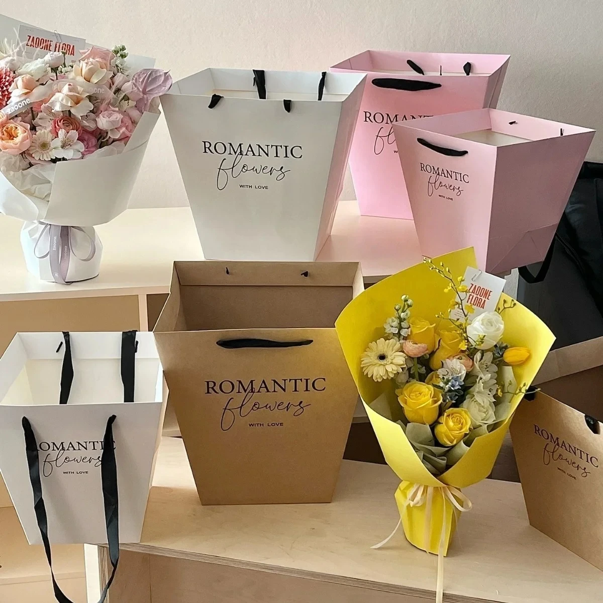 Romantik Flowers Çiçek Buketi Taşıma Çantası - 2 Adet -Beyaz