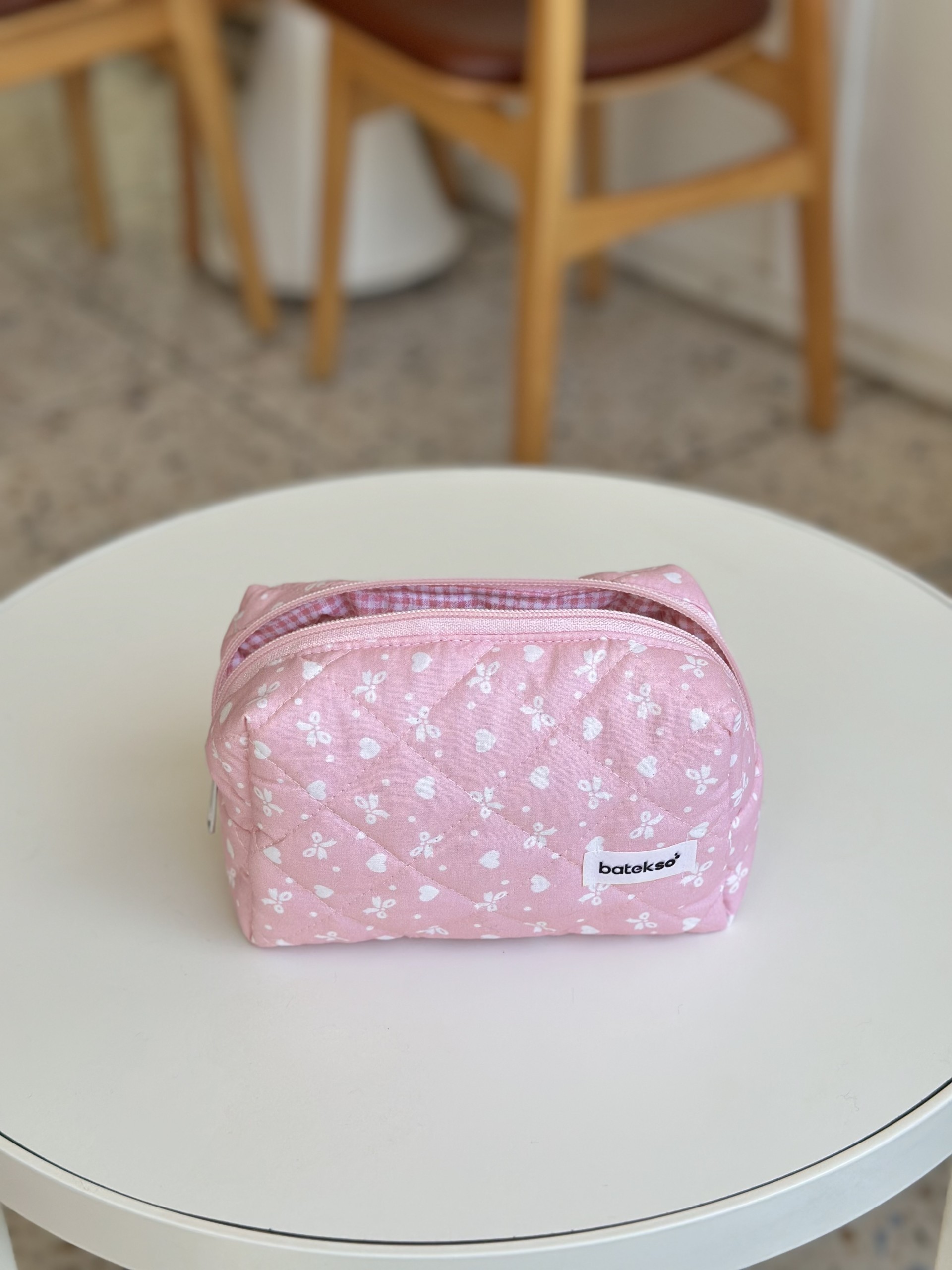 Pembe Kurdele Desenli Makyaj Çantası - Orta Boy